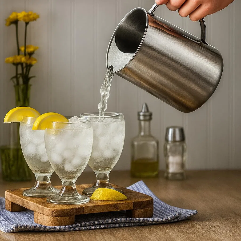 Jarra de Agua de Acero Inoxidable 1,8 Litros - Jarra Metálica con Asa y Tapa apta para Agua, Té, Limonada, Zumos y Bebidas Frías o Calientes - Botella Ideal para Mesa y Cocina