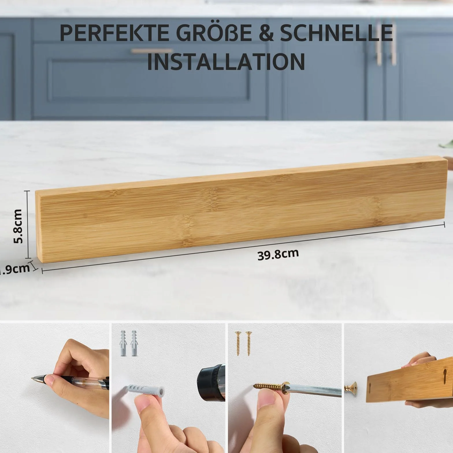Barra Magnética para Cuchillos, Imán Soporte para Cuchillos Hecha de Bambú con Imán Extra Fuerte, Bloque Magnético para Cuchillos 40 x 6 x 2cm, Portacuchillas Magnético para Utensilios Herramientas