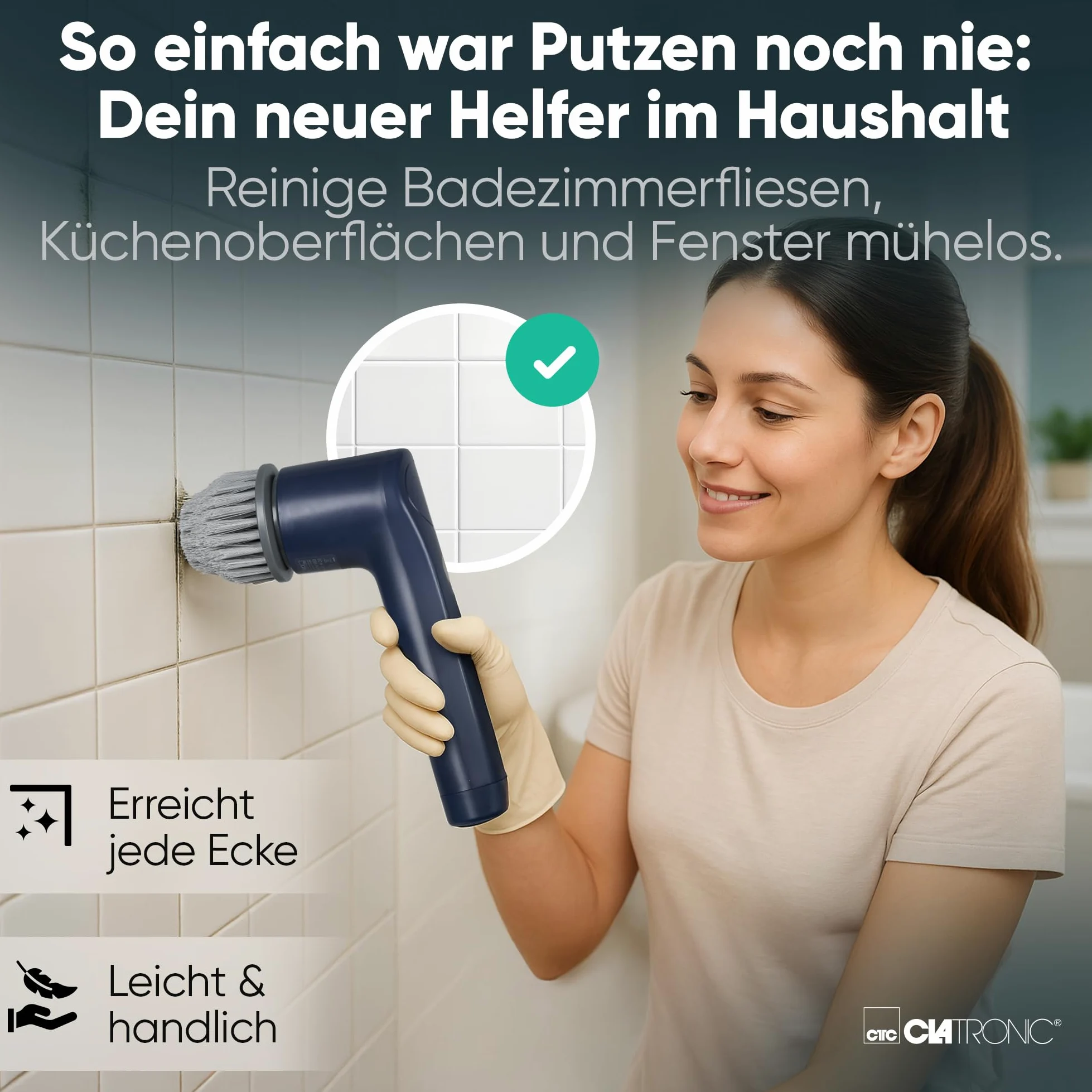 Clatronic Cepillo Eléctrico de Limpieza Batería | 8 Accesorios | 90 Min. de Autonomía | Cepillo Eléctrico para Baño, Cocina, Coche y Barbacoa | ERB 3815 A