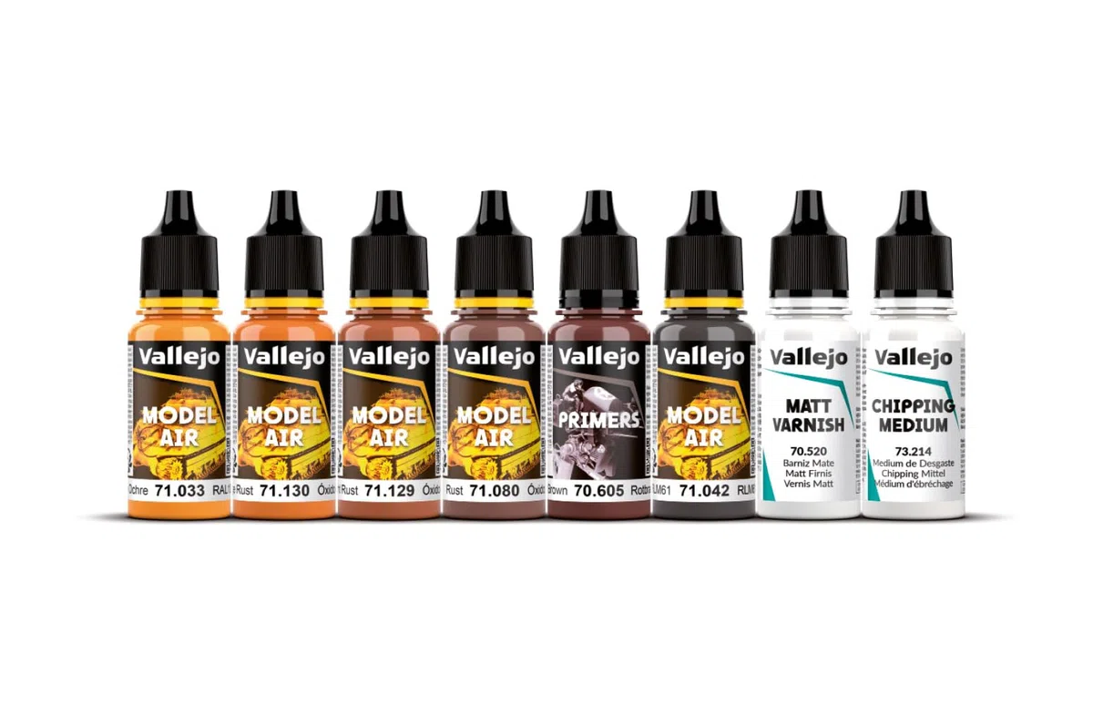 Vallejo Model Color Set de Pintura Acrílica Efectos de Oxido y Desgaste. Kit de 8 Colores de Acabado Mate para Aerógrafo en Botellas de 18 Ml con Cuenta Gotas para Efectos de Óxido y Envejecimiento