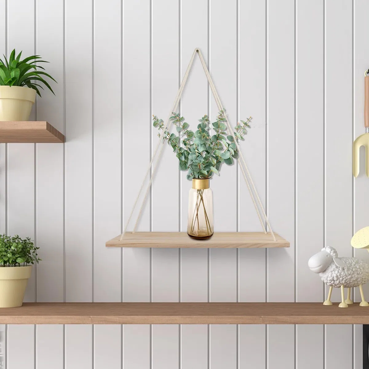 YIYA 2pcs Estante Colgante de Madera Estantes Flotantes de Madera con Cuerda Boho Decor para Salas Decoración Pared de Estar, Dormitorio, Oficina,de Baño Decoración de Plantas Pequeñas