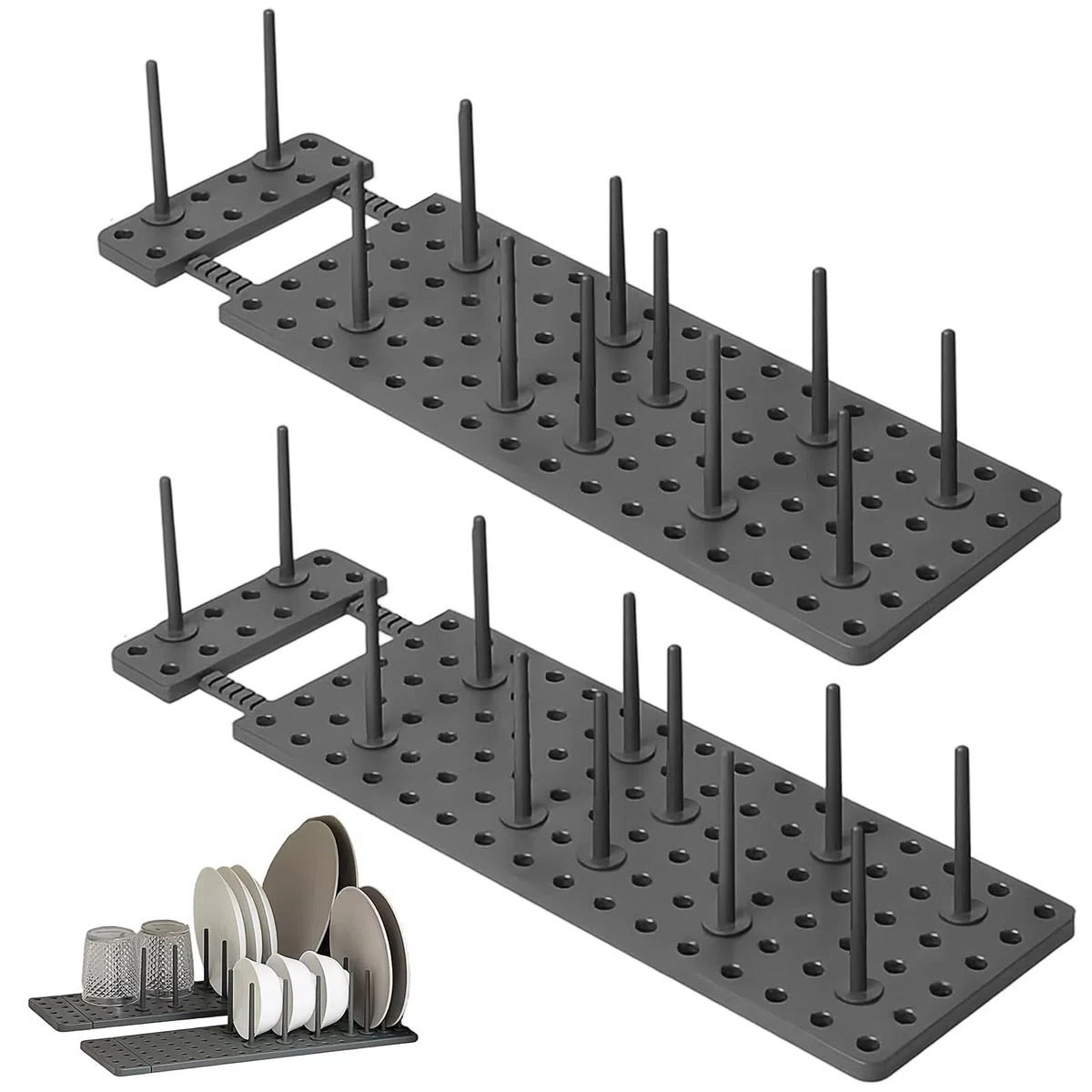 PARFCO 2 Piezas Organizador Sartenes y Ollas Cajón, Organizador Tapas Ollas Ajustable 40–54 cm con 24 Pilar, Soporte Tapas Ollas Gris para Platos y Sartenes