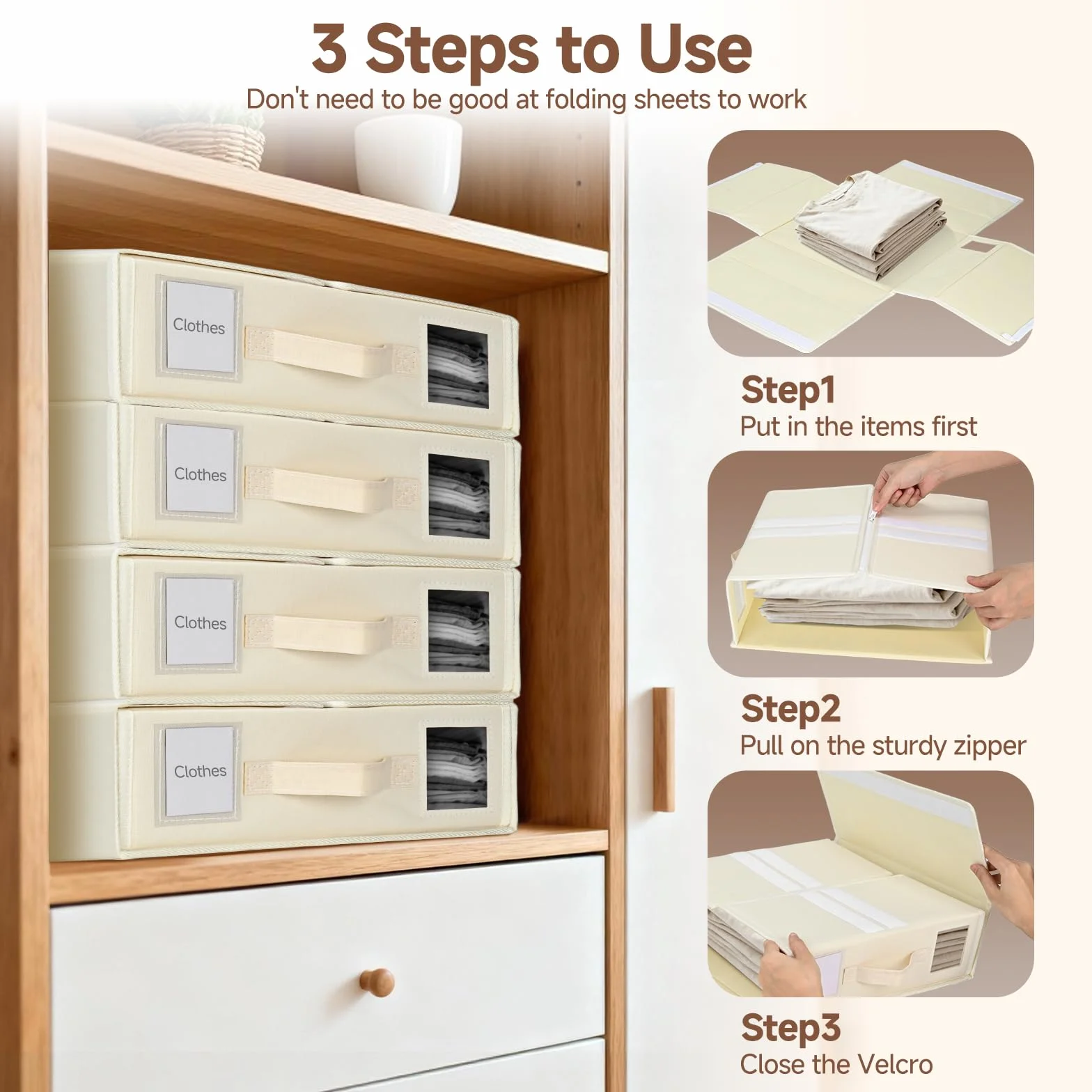 3 Piezas Caja Organizador Sabanas Armario, Bolsas Grandes De Almacenaje Para Sábanas Plegables, Organizador Armario Ropa Para Guardar Debajo De La Cama O En Un Cajón, Beige