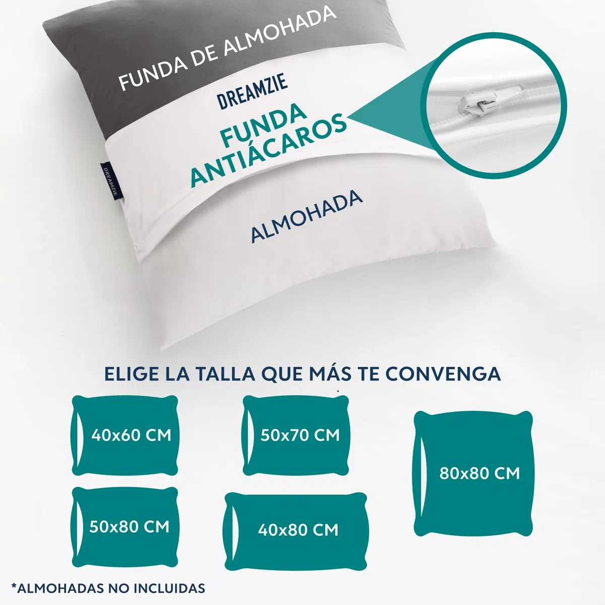 Dreamzie - Juego de 2 Funda de Almohada Antiacaros - Protector Almohada 50x70 cm - Funda Antiacaros Transpirables y Lavables a 95°C