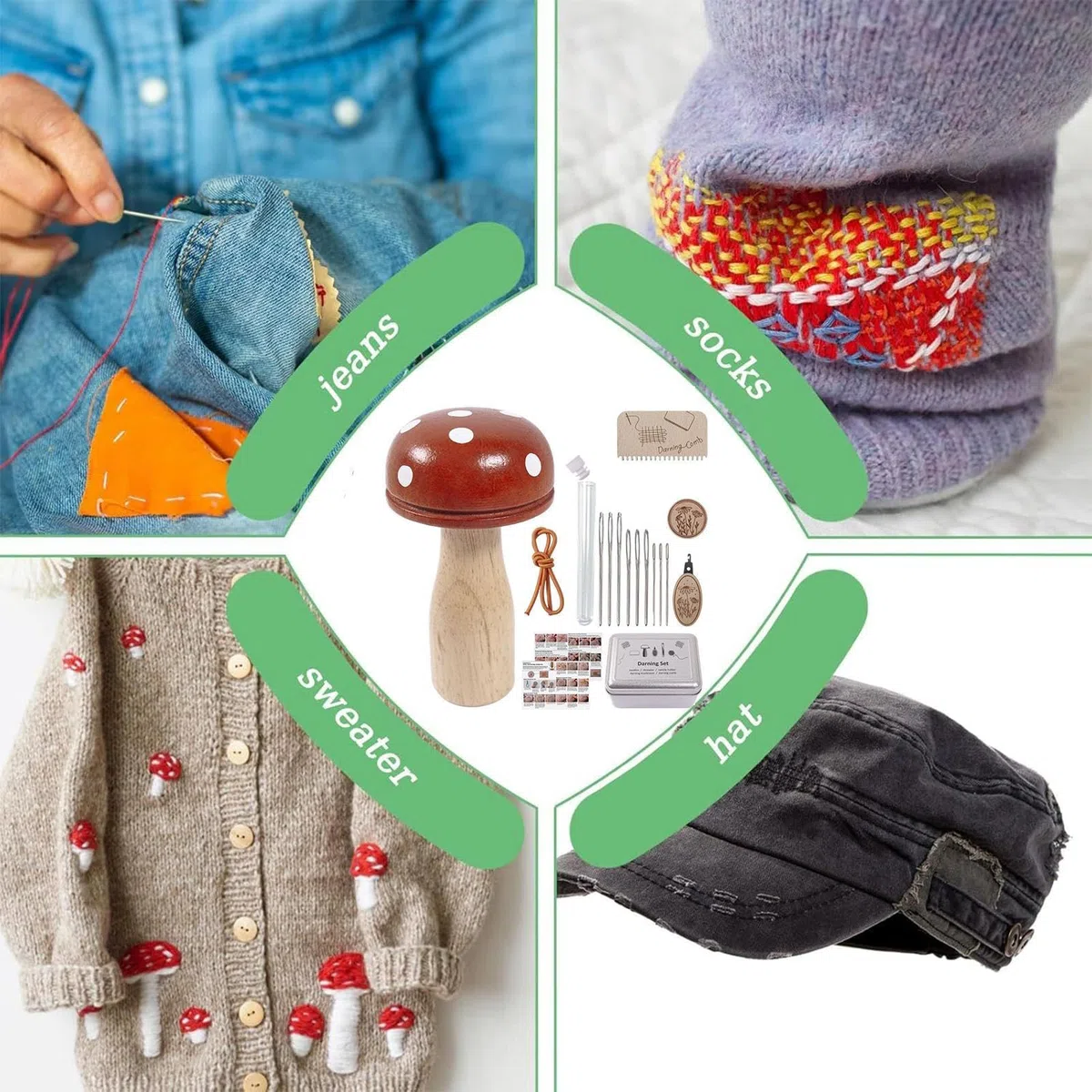 Dgayaeic Kit de hongos para zurdo, manualidades y reparación creativa, 1 juego, kit de zurdo de calcetines con agujas de coser grandes para ojos, kits de proyectos de costura, aplicaciones versátiles