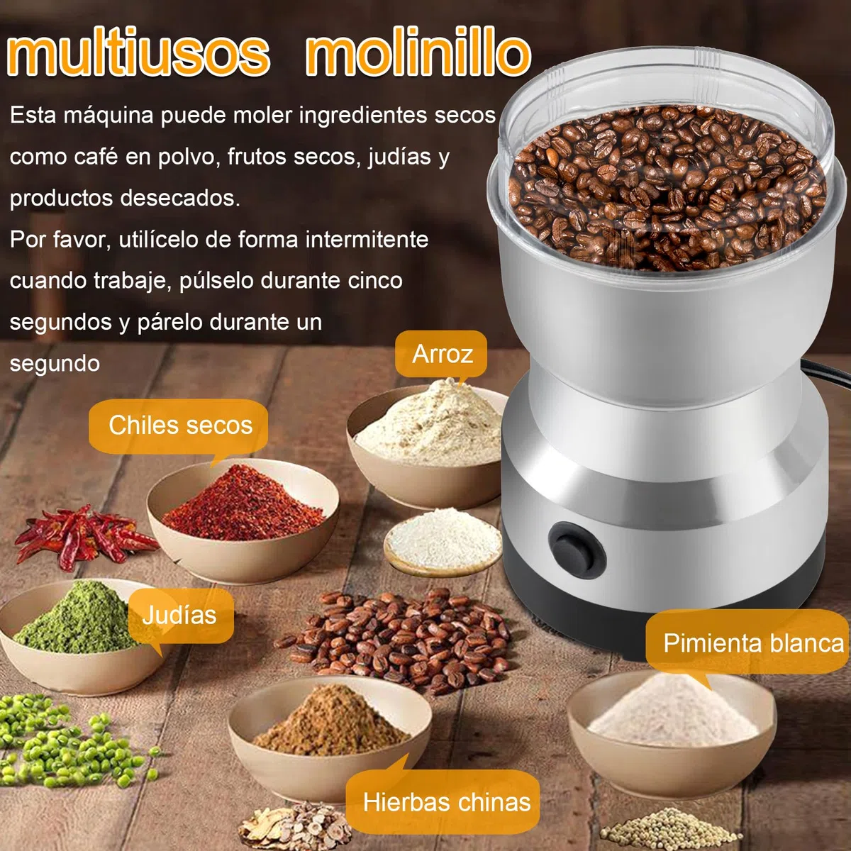 Molinillo de Café Eléctrico,Molinillo de 200W,Molinillo Eléctrico de Café,300ml Molinillos de Especias para Molinillo Semillas,Especias,Secos(Plata)