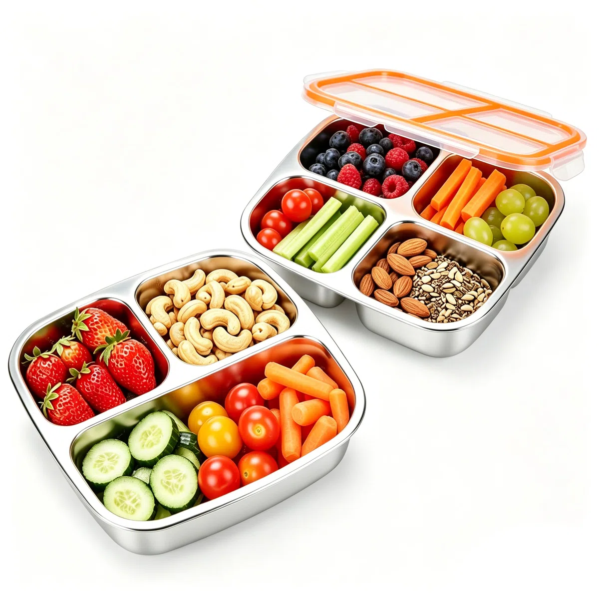 2 Cajas de Aperitivos de Acero Inoxidable con 3 y 4 Compartimentos, A Prueba de Fugas, 600 Ml, con Compartimentos, Cajas de Aperitivos de Acero Inoxidable 304, Reutilizables para Escuela