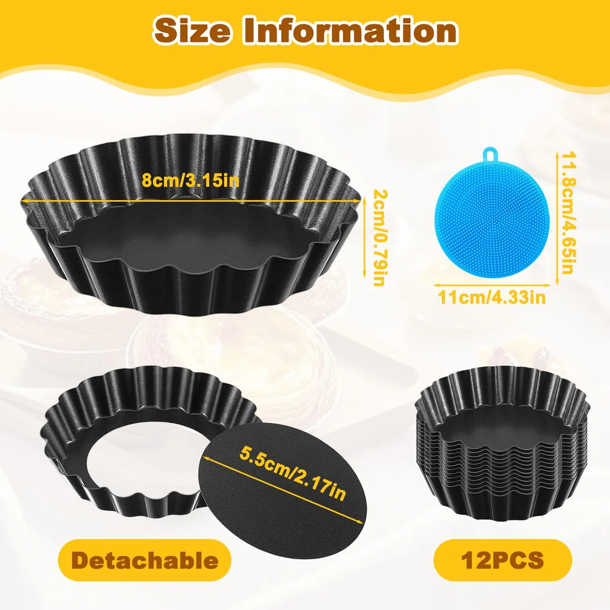 12 Piezas Moldes Tartaletas con Base Extraíble, 8cm Molde Quiche Mini Antiadherentes, Molde Redondo con Base Desmontable, Moldes Acero Carbono para Tartas Frutas, Pasteles, Tartelette (Negro)
