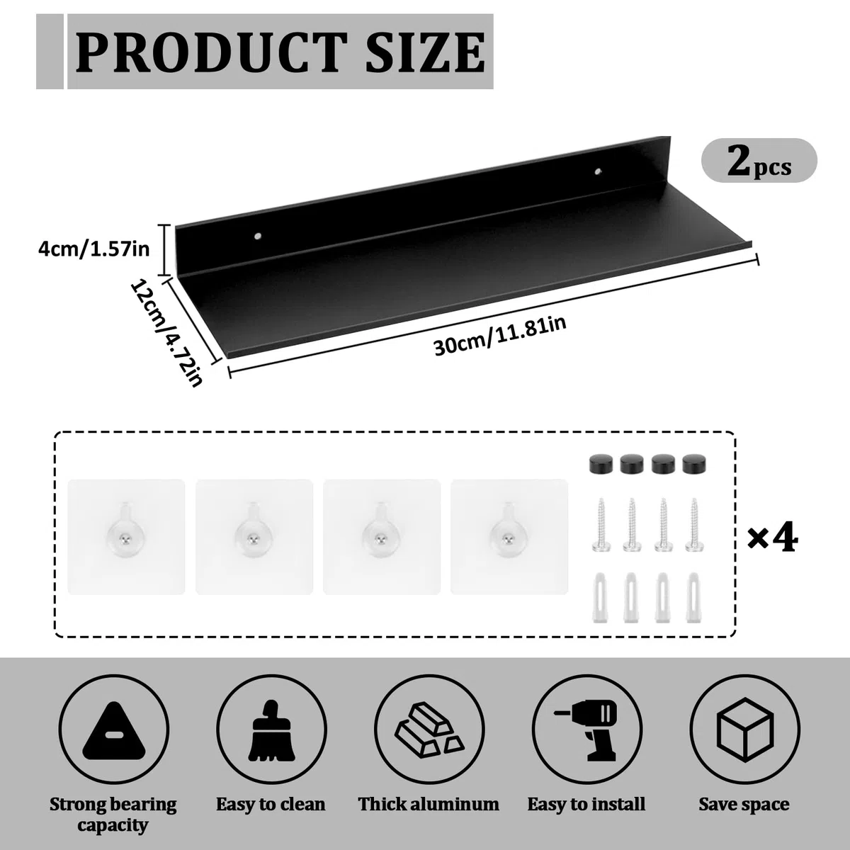 2 Piezas Estanterias Pared de Alluminio, Baldas Pared sin Agujeros, Baldas Flotantes Pareds Modernidad Estante de Pareds Flotante para Baño, Sala de Estar, Dormitorio, Cocina, Oficina (Negro, 40CM）