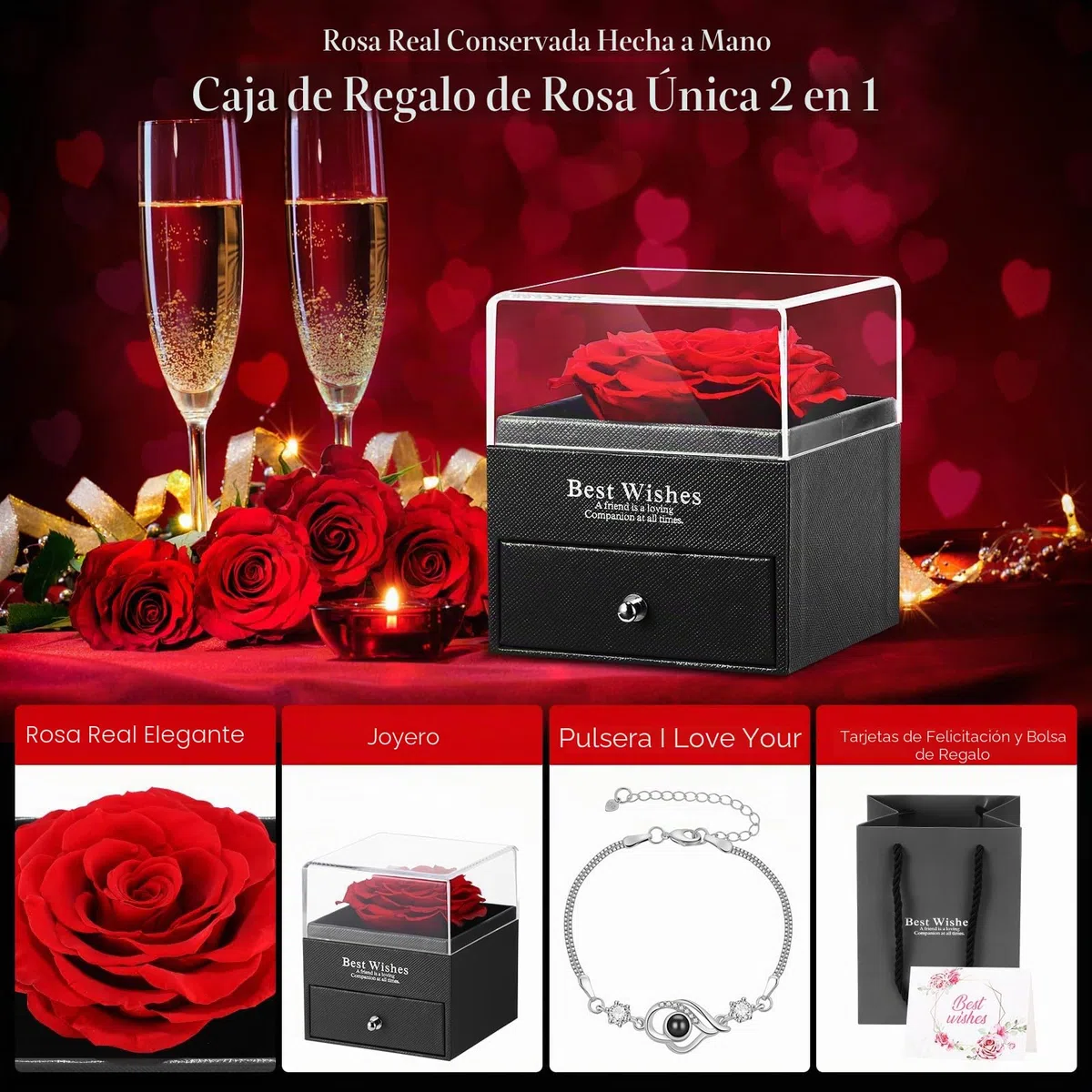 ALLOMN Rosas regalos para mujeres, mamá, novia, rosa real eterna conservada, rosas infinitas, caja de regalo con I Love You pulsera para el día de la madre, cumpleaños, día de San Valentín