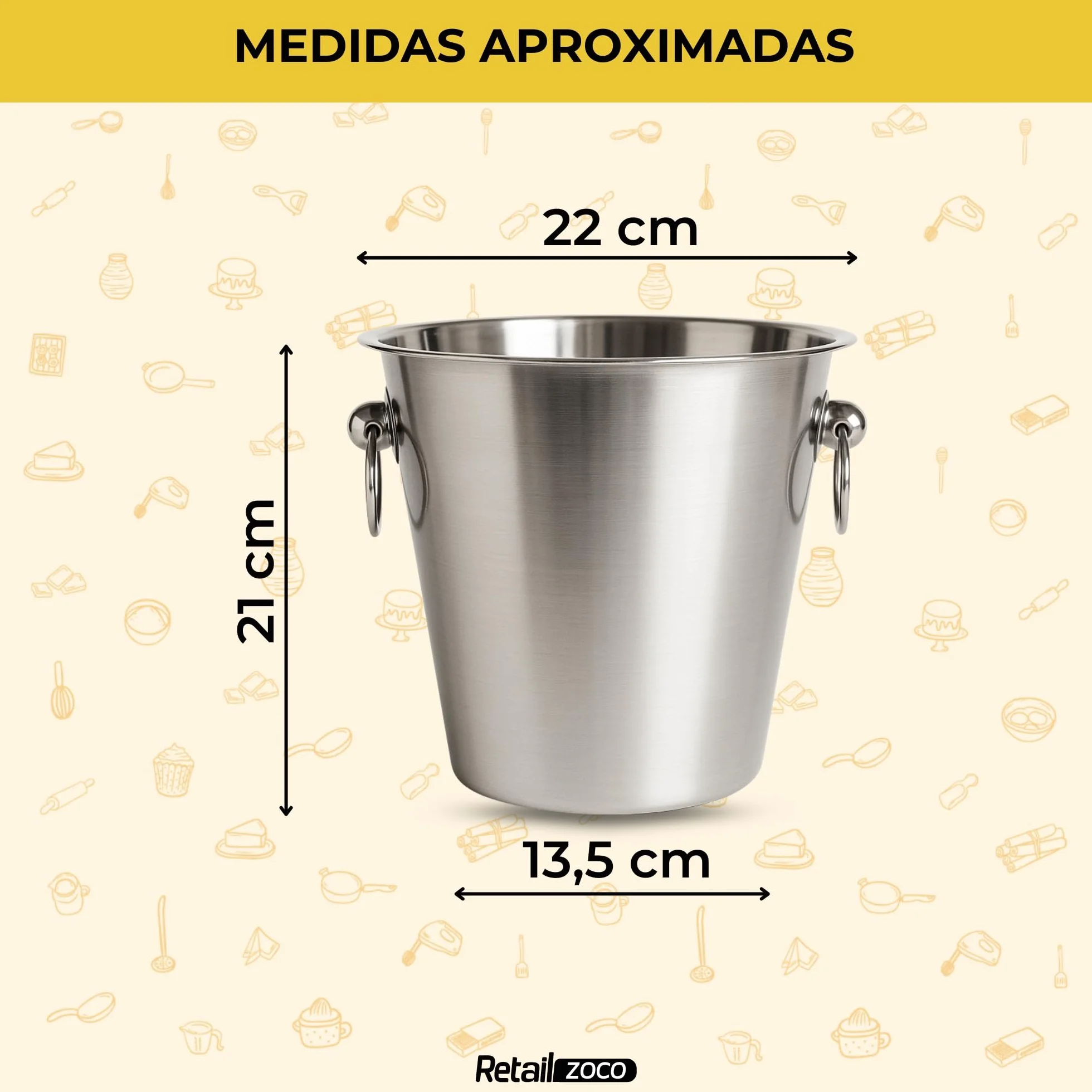 CHEFZOCO Champanera con asass, Cubitera Acero Inoxidable, Cubo de Champán, Enfriador de Botellas, Diámetro 22 cm, Altura 21 cm, Acero Inoxidable, Apto para Enfriar refrescos, champán, Vino, Cerveza