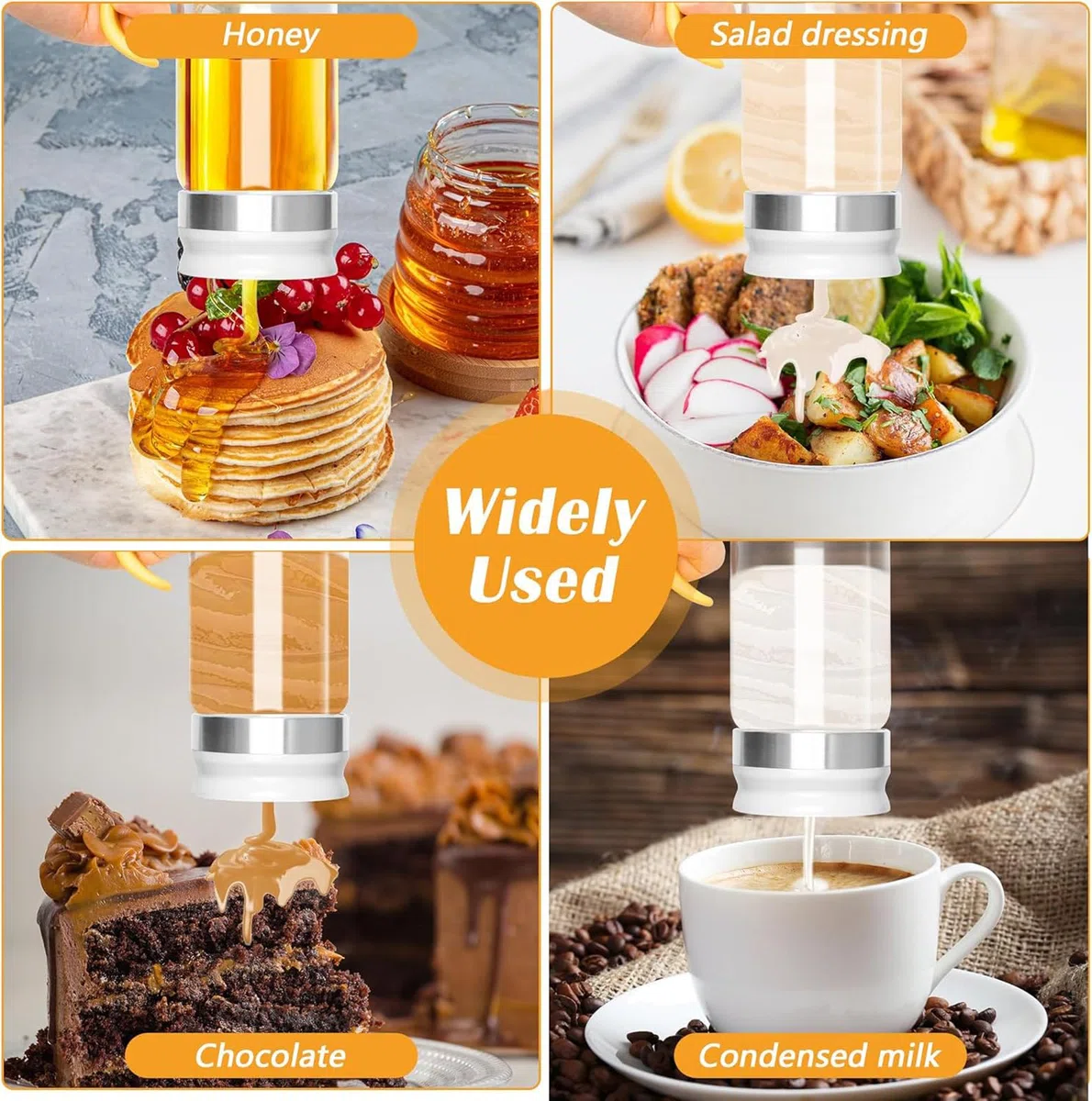 Dispensador de miel de cristal, 350 ml, boquilla antigoteo con mango y base antideslizante, recipiente de cristal multiusos para miel, jarabe, café (apto para lavavajillas), color amarillo