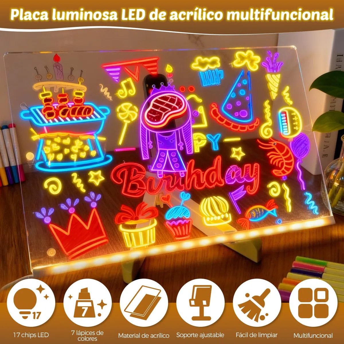 Pizarra Infantil LED, Pizarra Mágica Acrílica 2026 con 7 Rotuladores Borrables & Soporte, Mesa de Luz para Dibujar para Niños Oficina Escuela, Regalo Creativo para Niñas y Niños, 30x20cm