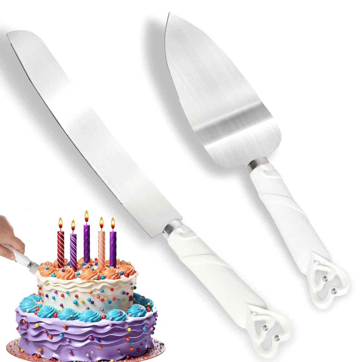 powerking Juego de servidores Cake Knife, Cuchillos y Pala para Cubiertos Cake con artesanía de la Moda barroca, diseño de Corazones entrelazados, Cubiertos