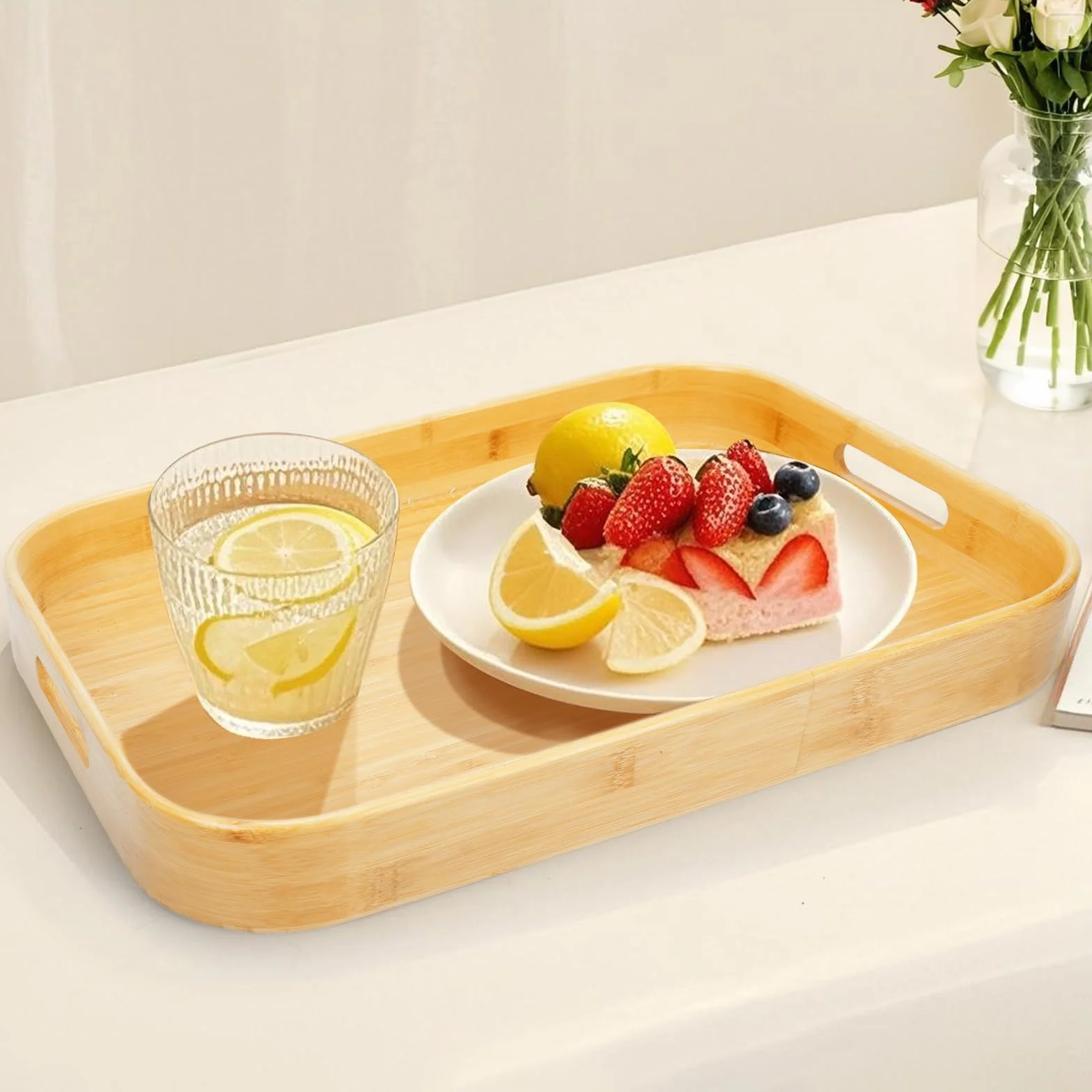 Bandeja de bambú para Servir con Asas,Bandeja de Madera 46x33x5.5 CM, Rectangular Cocina,Bandejas Decorativas para Desayuno, Bebidas, Aperitivos, Decoración del Hogar