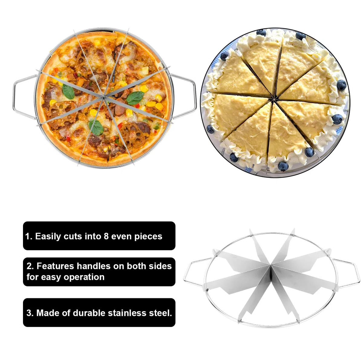 Cortador de Pastel de 8 Rebanadas, Divisor Redondo Acero Inoxidable con Asas Laterales Ideal para Porciones Uniformes en Panaderías y Uso Doméstico