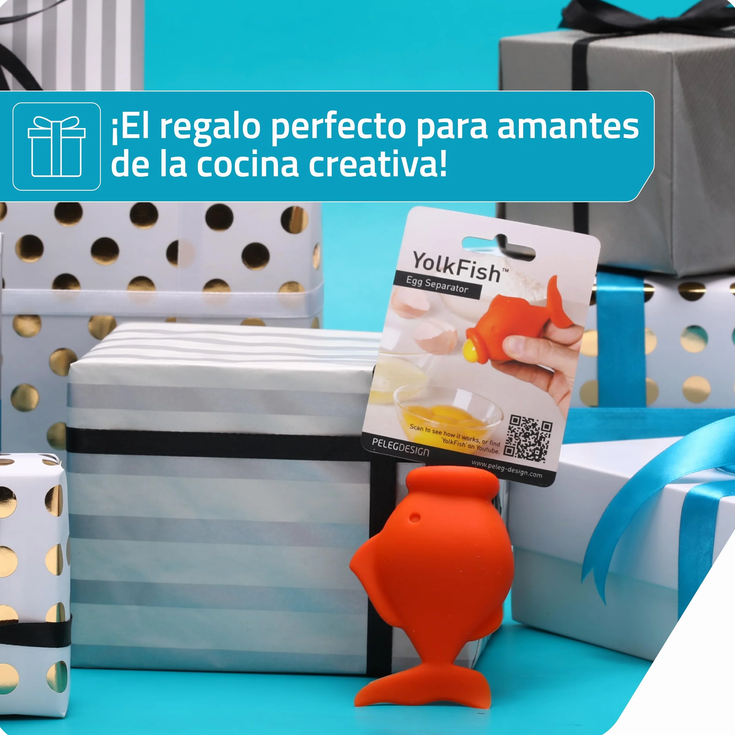 Peleg Design YolkFish – Separador de Huevos Pez, Separador Práctico de Yemas y Claras de Silicona | Herramienta de Cocina | Regalo Navidad Cumpleaños
