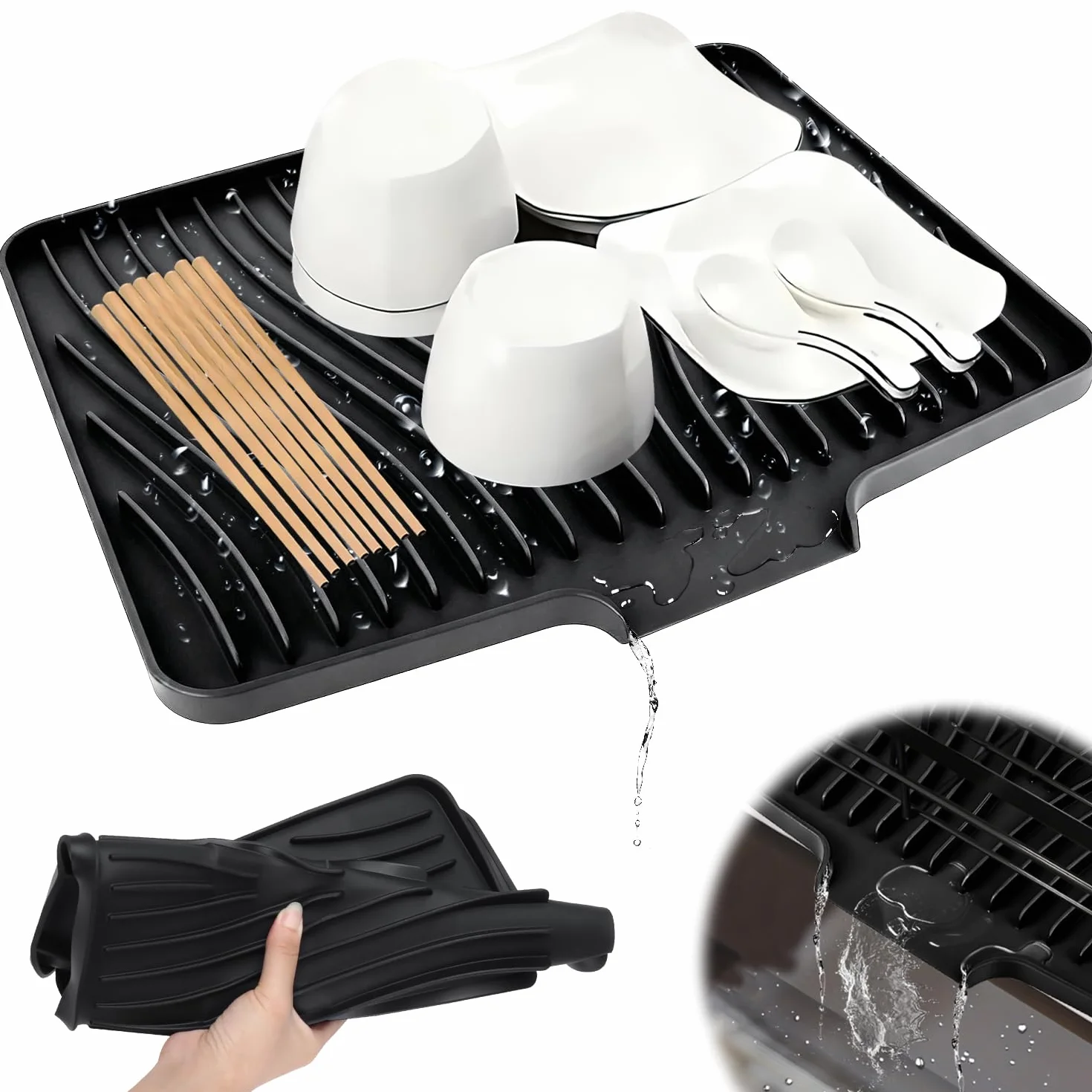 Alfombrilla escurridora de silicona resistente al calor, antideslizante, con orificio de drenaje, escurreplatos silicona (Negro 50 x 43 cm)