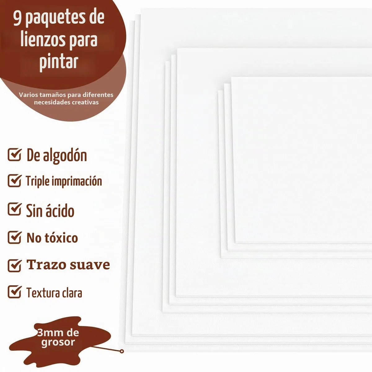 Koncci Set de 9 Lienzos para Pintar - 20x20, 20x30, 30x40CM - 3 mm - Paneles de Lienzos Algodón, Tela de 3 Capas, Lienzo Artístico para Pintura al óleo, Acrílica, Niños, Principiantes, Artistas