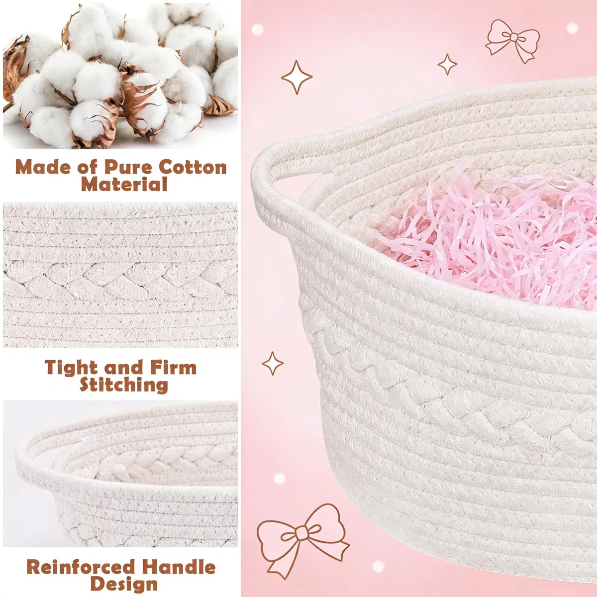 SelfTek Kit de Cesta de Regalo Con Bolsas de Celofán, Rafia y Lazos Tejidos - Cesta de Almacenamiento Vacía Para Baby Shower, Boda, Cumpleaños - 33 x 24 x 15 cm