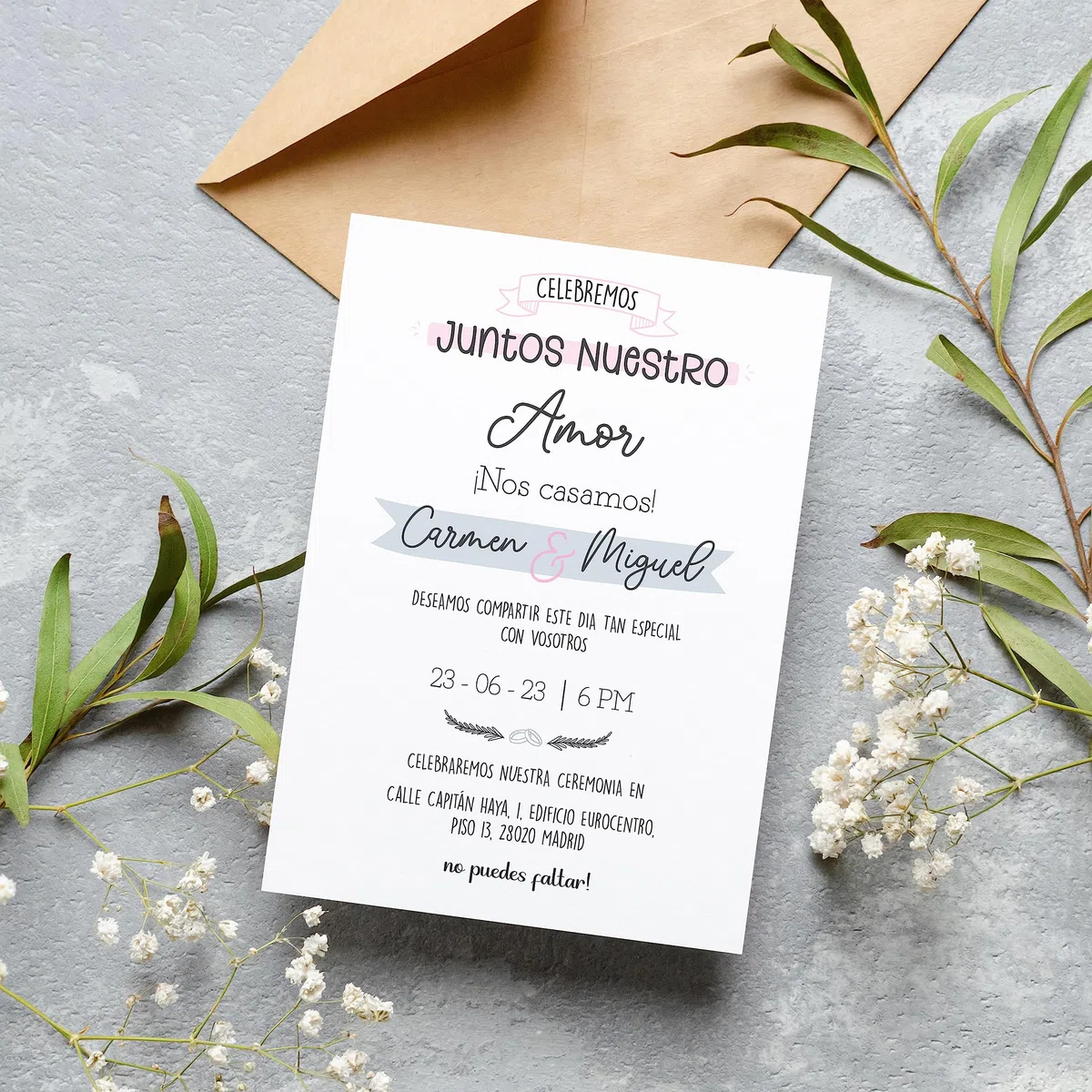 Invitaciones de Boda Personalizadas | Tarjetones A5 Blancos Personalizable con Nombres, Fecha y Textos | 25, 50 y 100 unidades Ceremonia Compromiso 2 Modelos para Recuerdos Boda (Modelo 2)