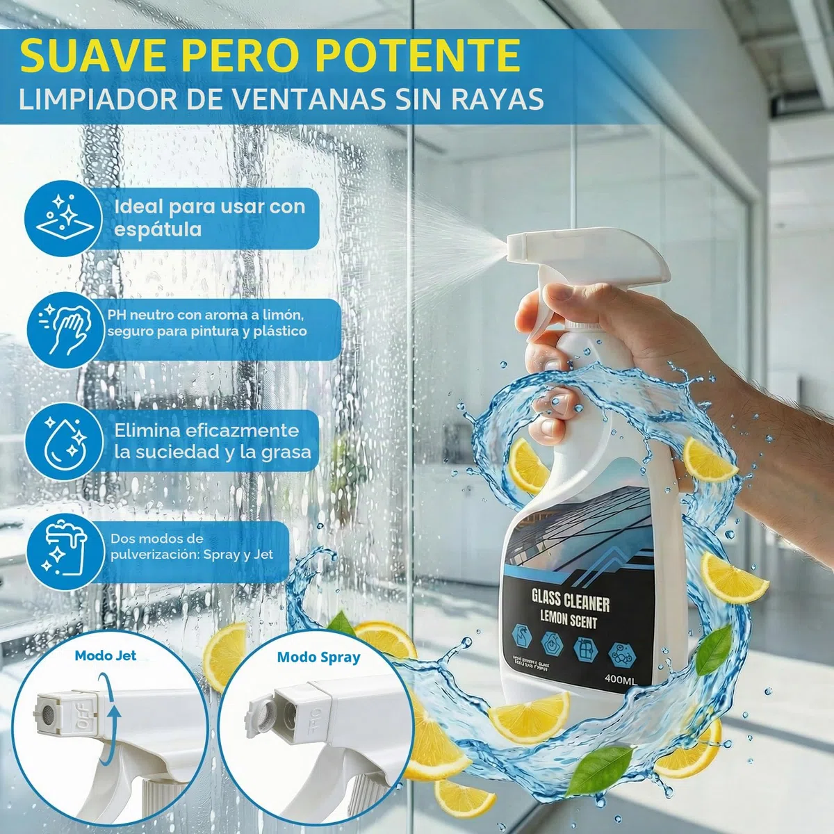 Set de equipo de limpieza de ventanas incluye limpiador de 200 ml y escobilla limpiacristales 2 en 1 con poste de limpieza extensible de 195 cm, kit de limpieza de ventanas sin dejar marcas para