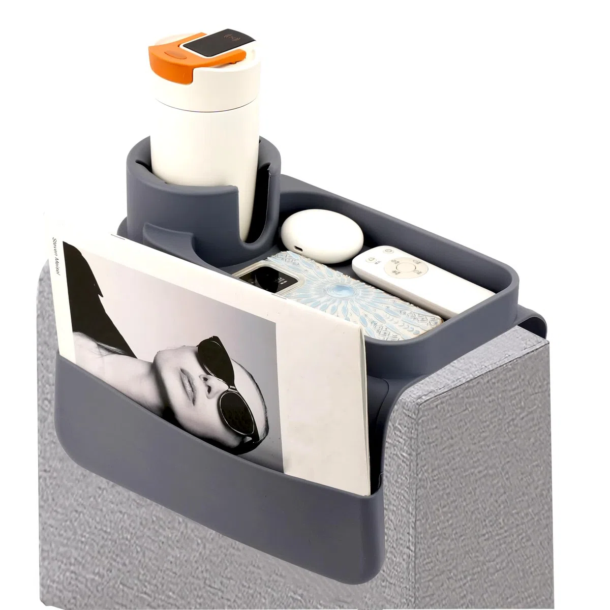 Bandeja para sofá con reposabrazos con soporte para bebidas, bandeja antideslizante para sofá con dos bolsillos laterales y soporte para teléfono, plegable de silicona, organizador de sofá