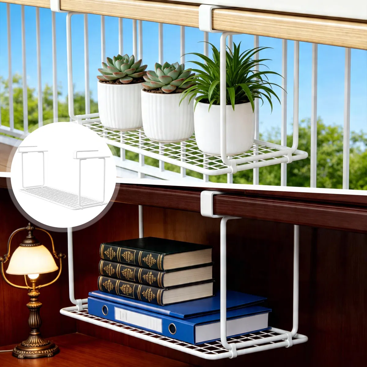 Cesta Colgante, Organizador Armario Cocina Cestas Almacenaje Baño Cesta Plegable para Cocina Baño Bajo Estante, Organizador Sin Taladro para Almacenamiento Instantáneo, 32x19x20cm Blanco