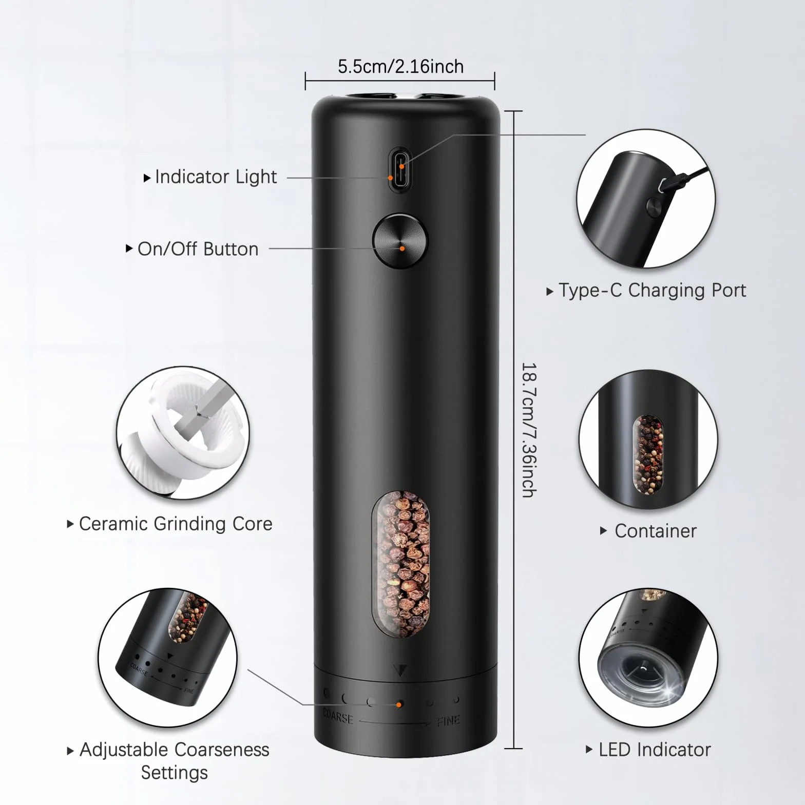 MERTTURM Molinillos de Pimienta Eléctricos Recargables, Molinillo de Especias con Luz LED, Granero de 110 ml, Grosor externo ajustable Molinillo de Sal para Cocina, BBQ, Negro(1PCS)