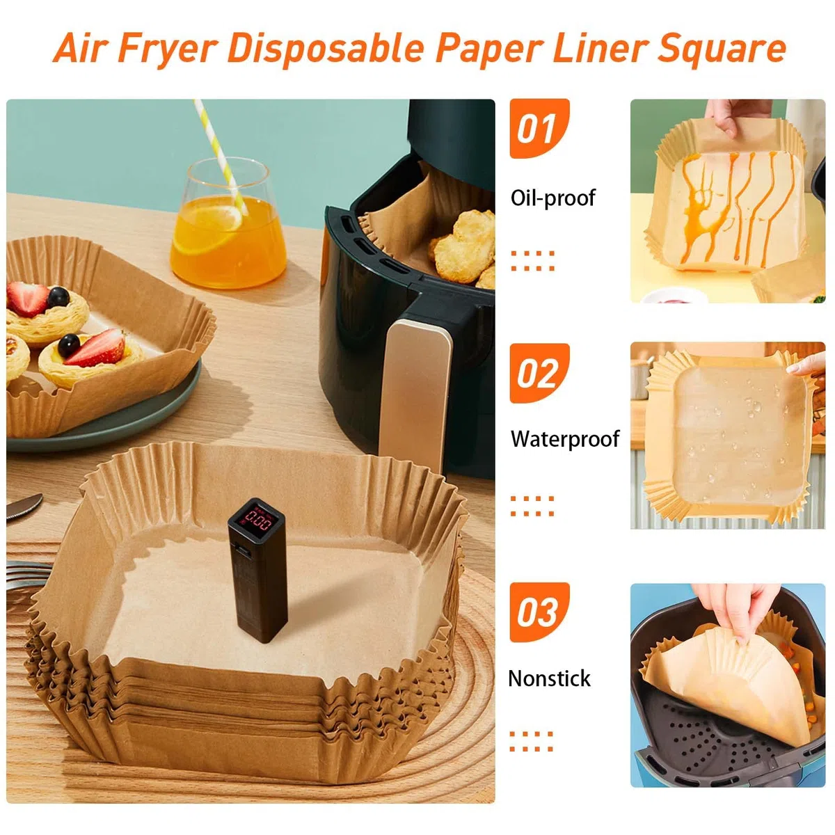 Papel para Freidora de Aire 200 Piezas, Forro de Papel Desechable Esteras Cuadrado de Pergaminos Antigrasa Papel de Aceite Silicona Antiadherente Aplicar a Air Fryer, 7.9 Pulgadas