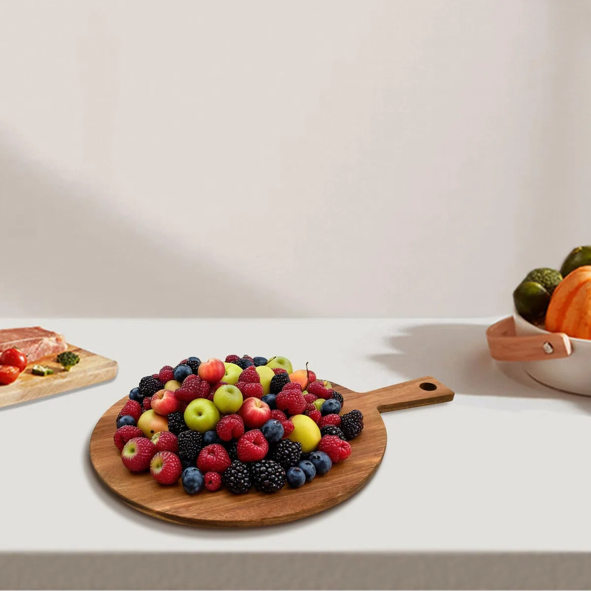 Tabla de pizza de madera de acacia redonda con asa, 30 x 40 x 1,5 cm, para sashimi, bistec y tartas