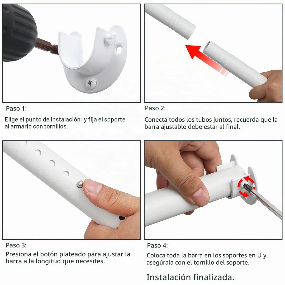 Riel ajustable para armario de 40 a 212 cm, rieles extensibles para colgar ropa, barra de armario resistente para armario, color blanco
