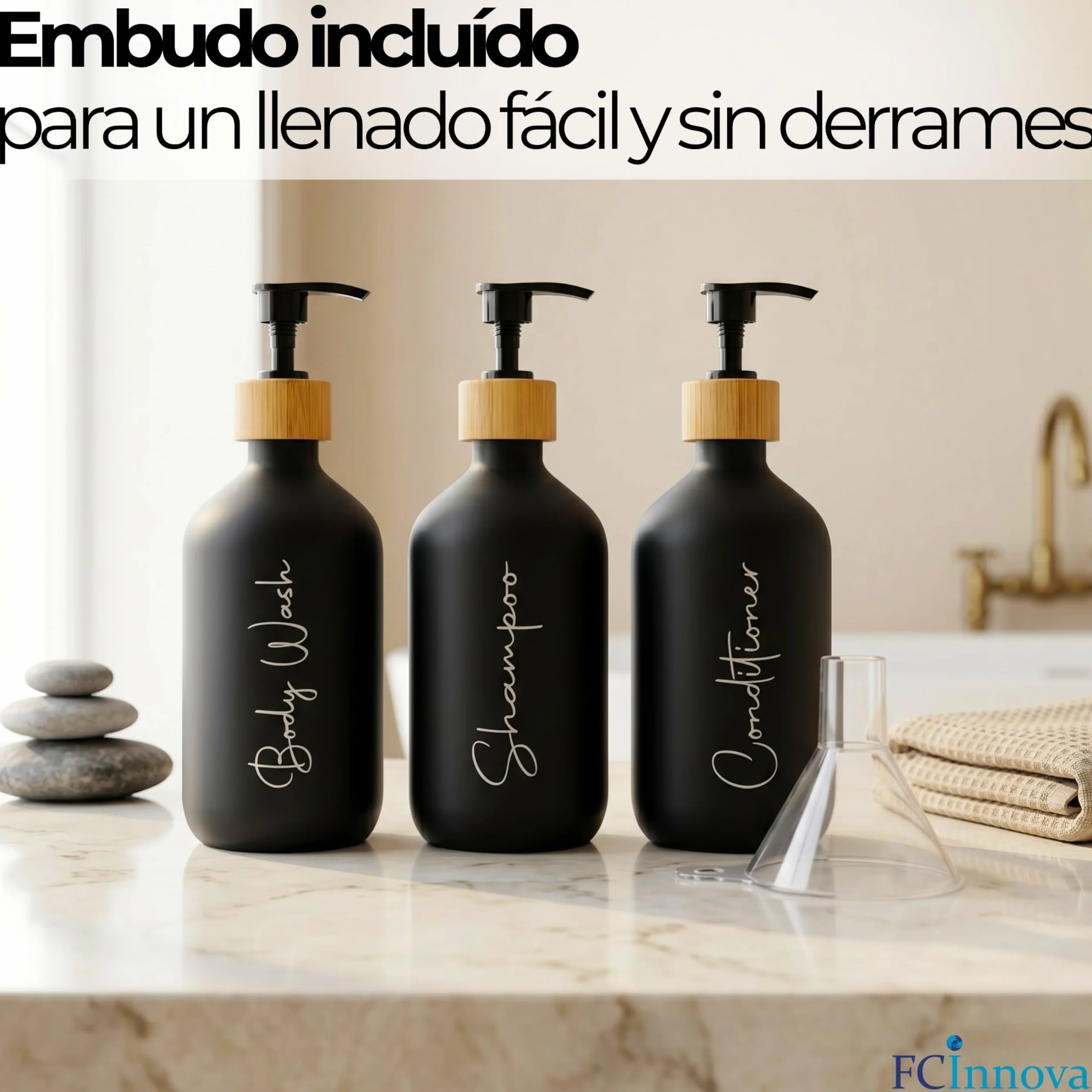 Dispensador Jabon Baño Negro Mate 500ml Set de 3 Botes para Gel y Champu Acondicionador Embudo para Rellenado Este Dosificador Jabon Baño es Elegante practico y mantendra su Ducha ordenada