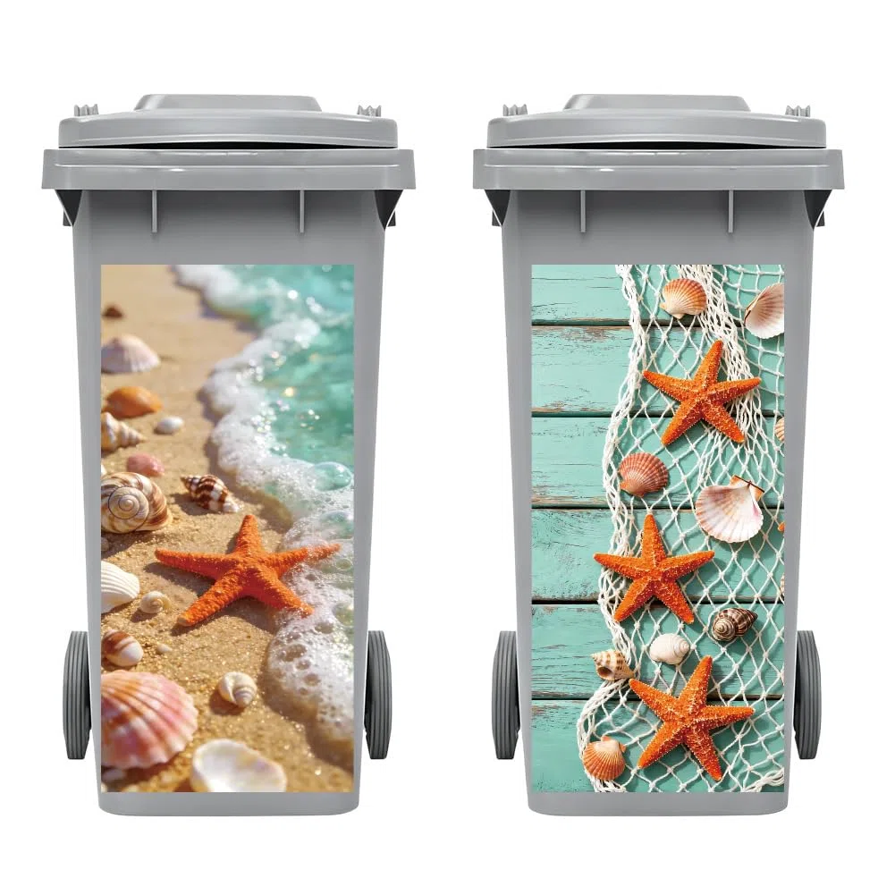 Peacoblue 2 hojas de calcomanías adhesivas para cubo de basura con diseño de estrella de mar y conchas marinas, 15 x 32 pulgadas, impermeables, grandes envolturas para contenedores, nevera, pared al
