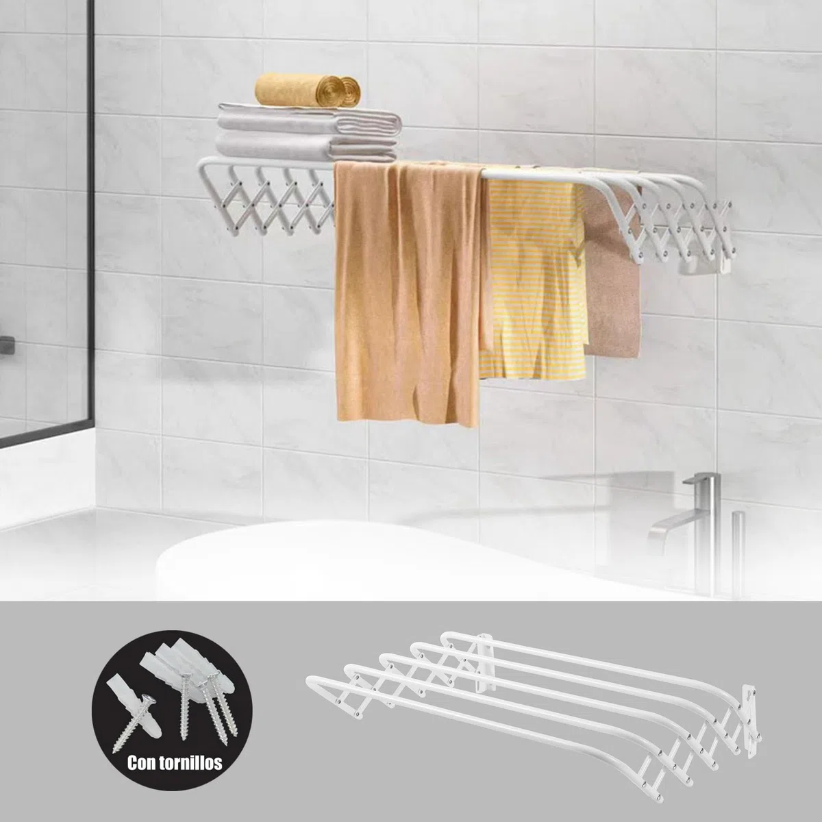 SHANN Tendedero Extensible Pared 60cm - Tendedero Plegable de Pared de Interior o Exterior de Acero Blanco - Tendedro con 5 Barras y 3 Metros de tendido