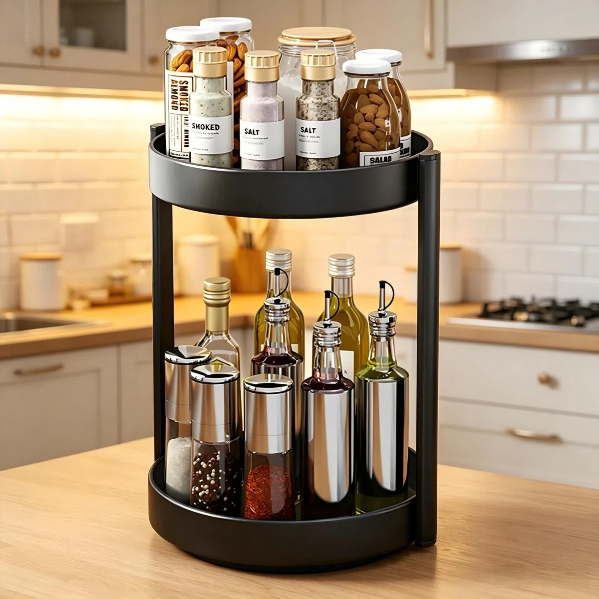 Especiero Giratorio Organizador Especias Cocina Metal Bandeja Giratoria 2 Niveles Lazy Susan Plato para Armario Organizador de Maquillaje (Negro, 2Tiers)