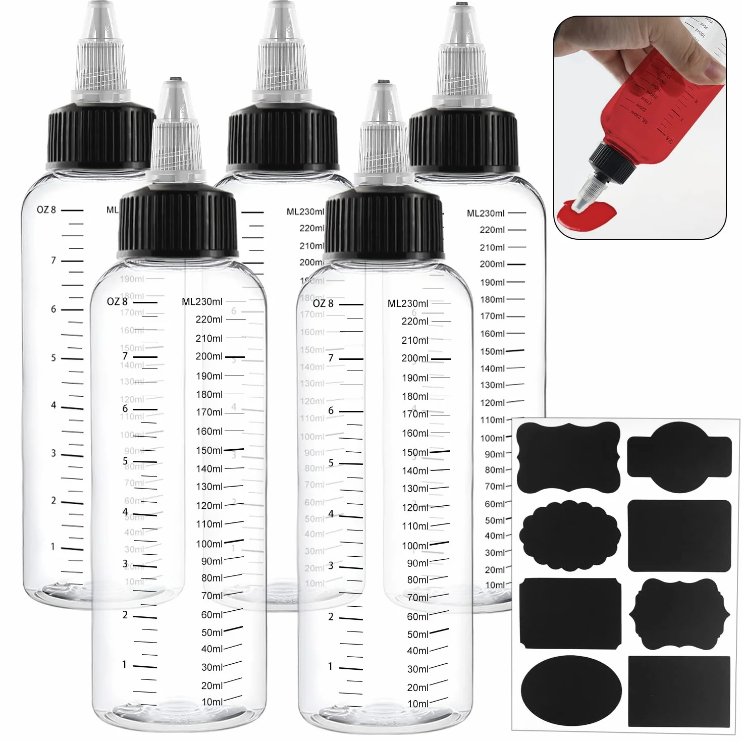 Botellas De Distribución De 250 Ml 5 Piezas Con Tapón De Torsión Negro Squeeze Bottle Boquilla Con Escala Con 1 pegatina, Buenas Para Líquidos, Los Citos, Los Aceites