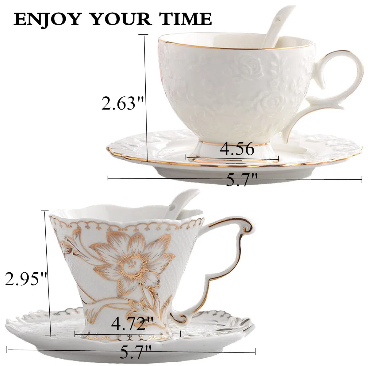 Juego de taza de té y platillo y cuchara, tazas de té de porcelana de hueso vintage, taza de té de rosa, juego de flores de rosa de 7.8 onzas