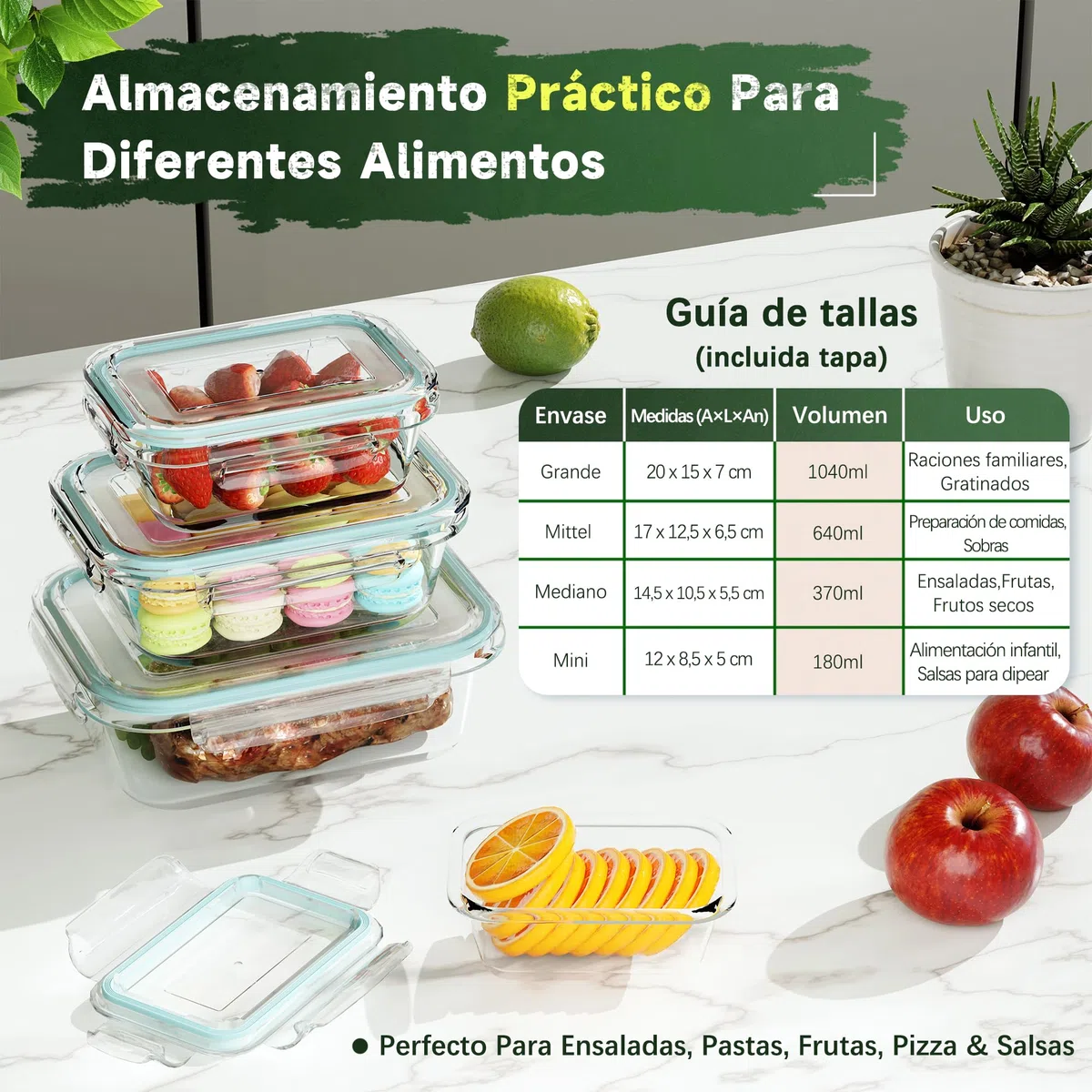 Recipientes Herméticos de Cristal 4 Piezas – Fiambreras de Vidrio con Tapa – 1040ml/640ml/370ml/180ml – Apto Microondas, Horno, Congelador – Sin BPA – Almacenamiento de Comida