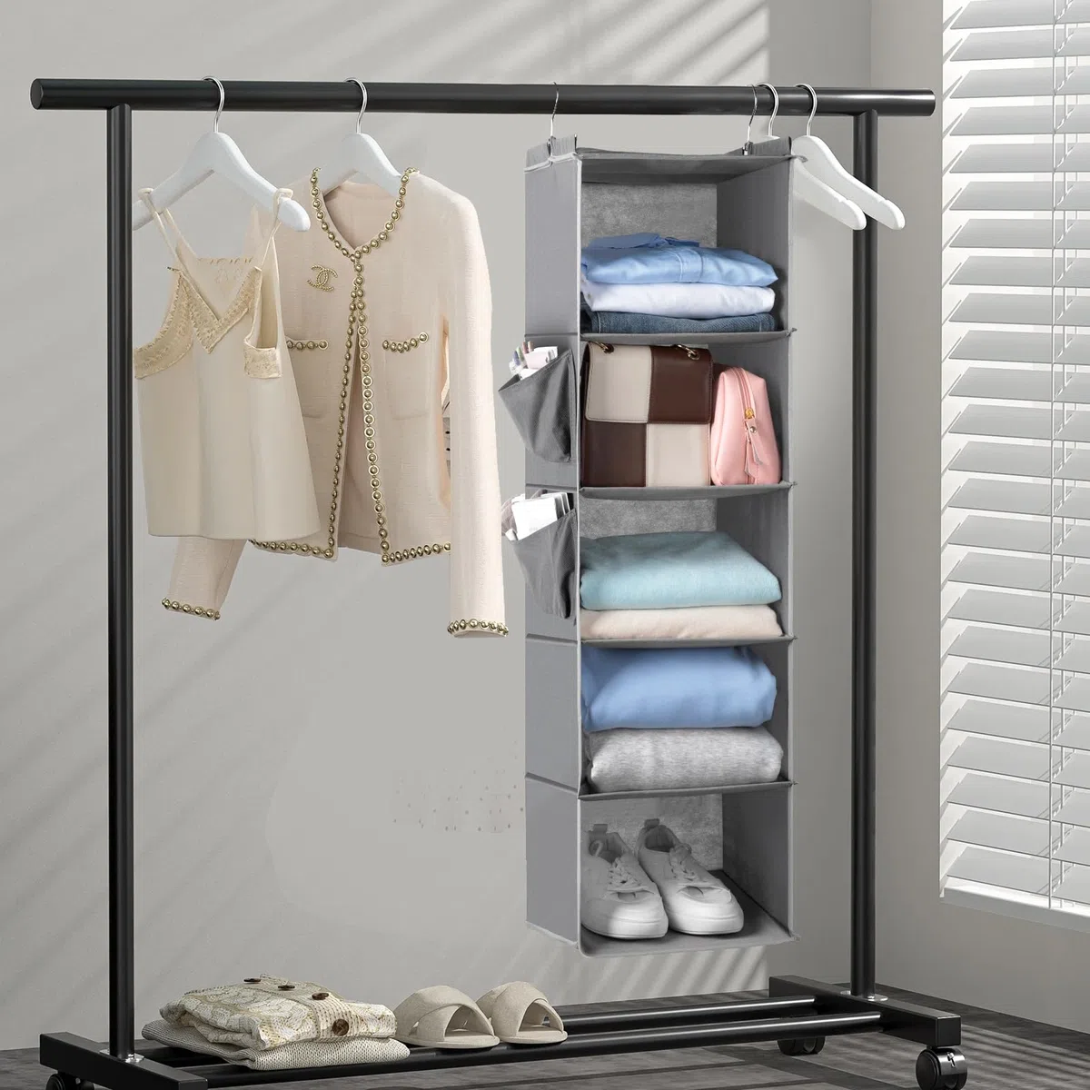Cozary Organizador Armario Colgante 5 Compartimentos, Organizador taquilla Vestuario Plegable, Colgante con 2 Bolsillos Laterales - Gris
