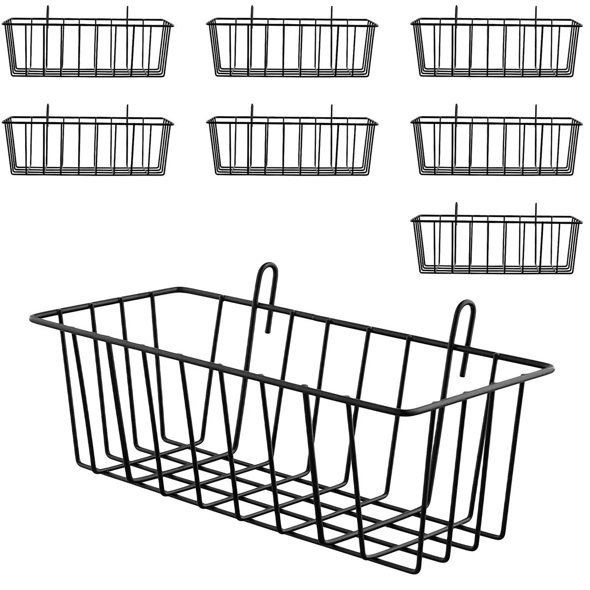 SINJEUN Pack de 8 Cestas Colgantes de Rejilla Metálica, 23 x 10 x 7,5 cm, Organizador de Pared con Gancho para Cocina, Baño y Oficina, Negro