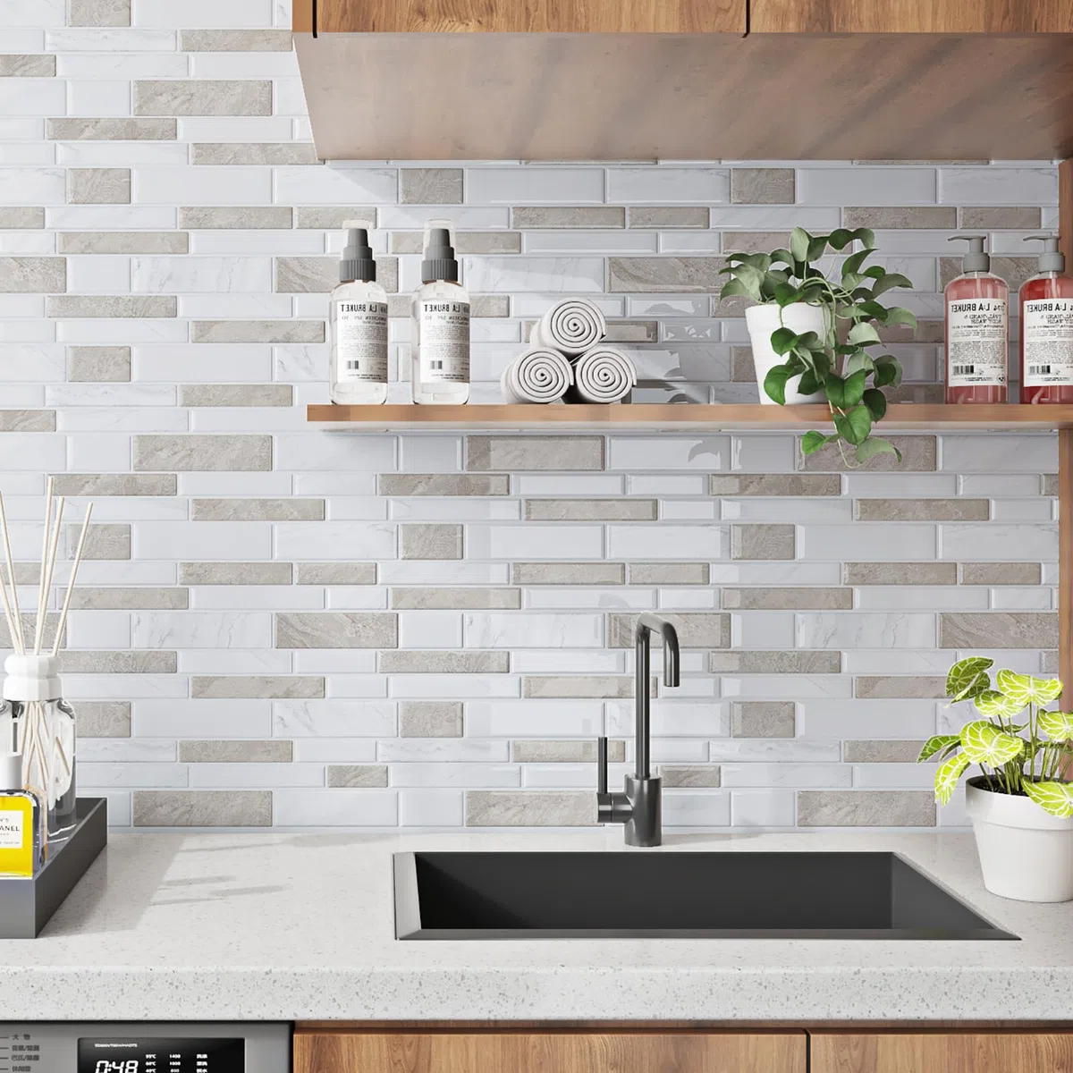 Livelynine Azulejos Adhesivos Cocina 3D Efecto Marmol Beige Blanco 30x30CM Baldosas Adhesivas Pared Baño Efecto Pietra Marron Claro Impermeable Losetas Autoadhesivas Pared Cocina Metro 3D, 4 Piezas