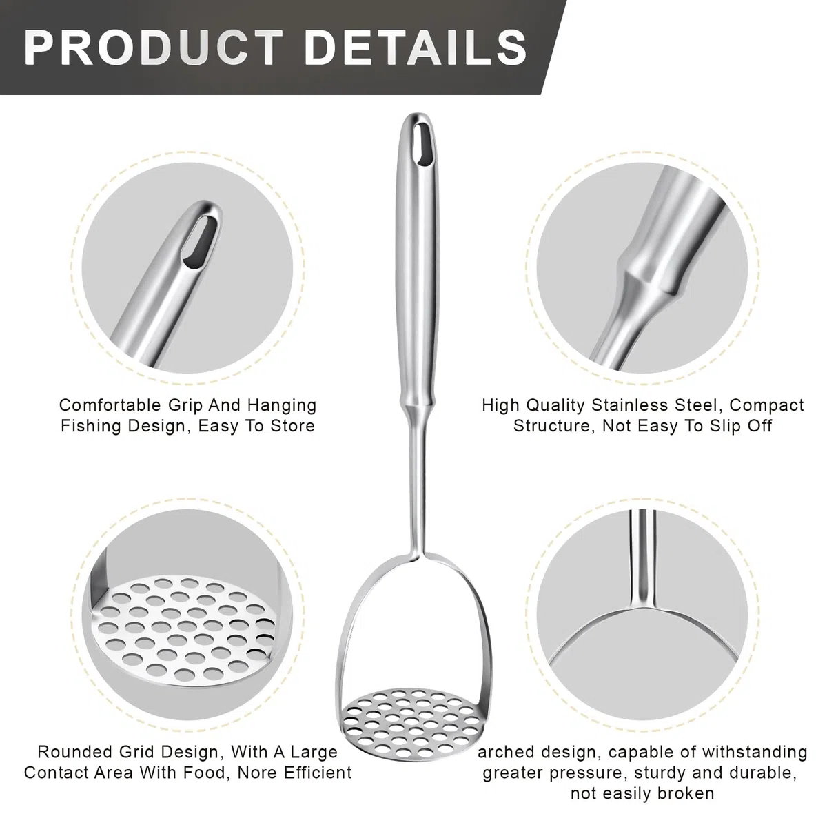 Aplastador de Patatas, Machacador de Acero Inoxidable, Apto para Lavavajillas, Potato masher de Mango Largo, Para Aplasta Patatas,Frutas,Verduras(32 x 8cm)
