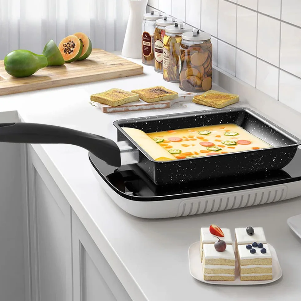 Bandeja de tortilla japonesa, bandeja de huevo mini rectángulo con espátula de silicona ancha y 2 anillos de huevo fritos, herramientas de cocina de cocina para el hogar de tamagoyaki antiadherente