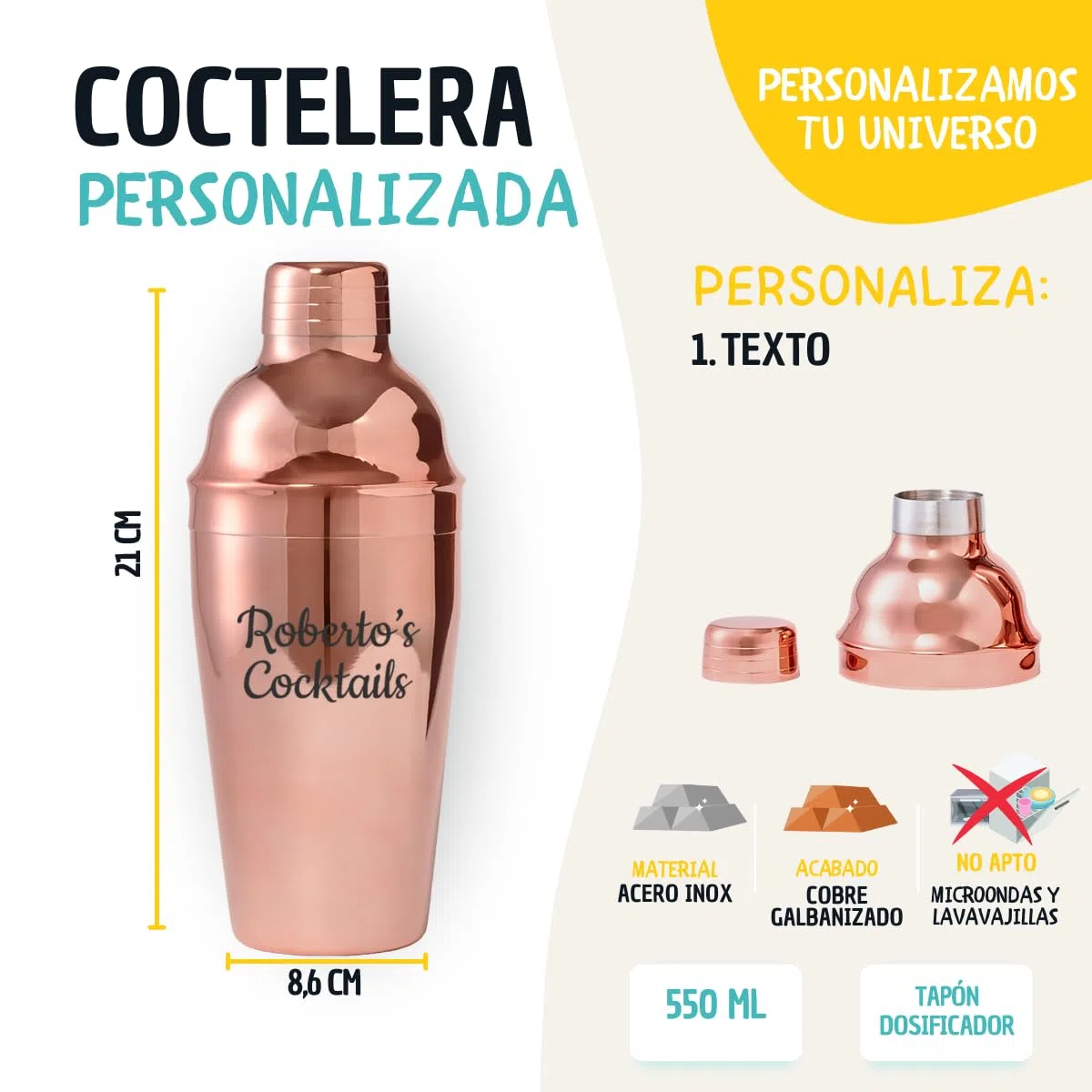 DEREGALOOS Coctelera Personalizada con Nombre o Diseño. Coctelera de Acero Efecto Cobre 550ml con Filtro Integrado. Regalo Original para Papá y Amantes de la Coctelería (Texto Personalizable)
