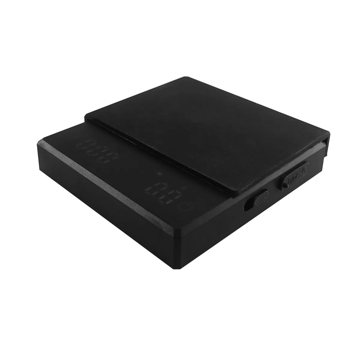 QUMOX Báscula de Café Digital Negra con Temporizador, Modos Inteligentes para Espresso y Pour-Over, Recargable por USB-C, Alta Precisión, Alfombrilla de Silicona Gris Resistente al Calor
