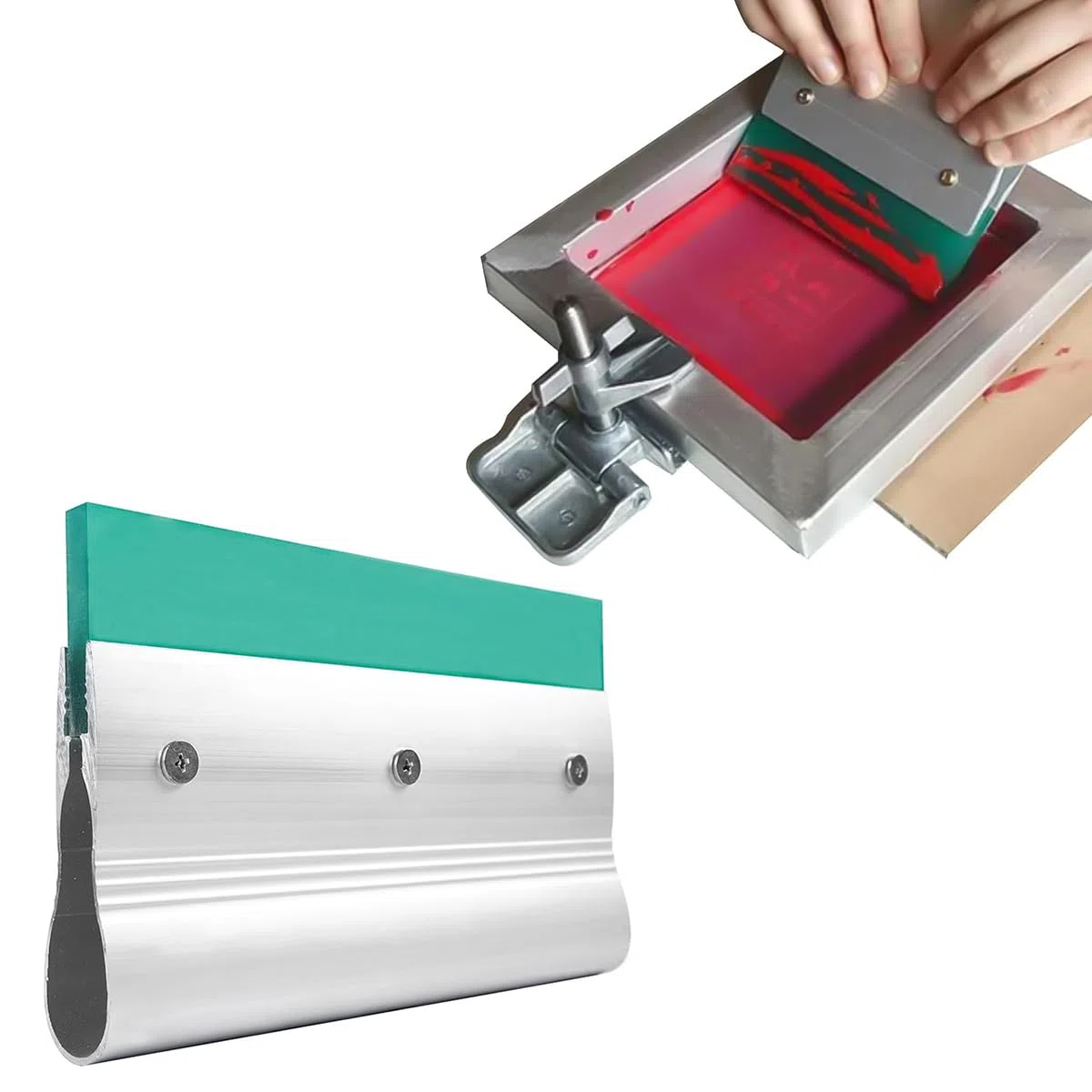 Raspador de tinta cuadrado de 20 cm con mango de aluminio para serigrafía, 75 durómetros, de goma, color verde, para aplicaciones manuales con máquinas gráficas y textiles.