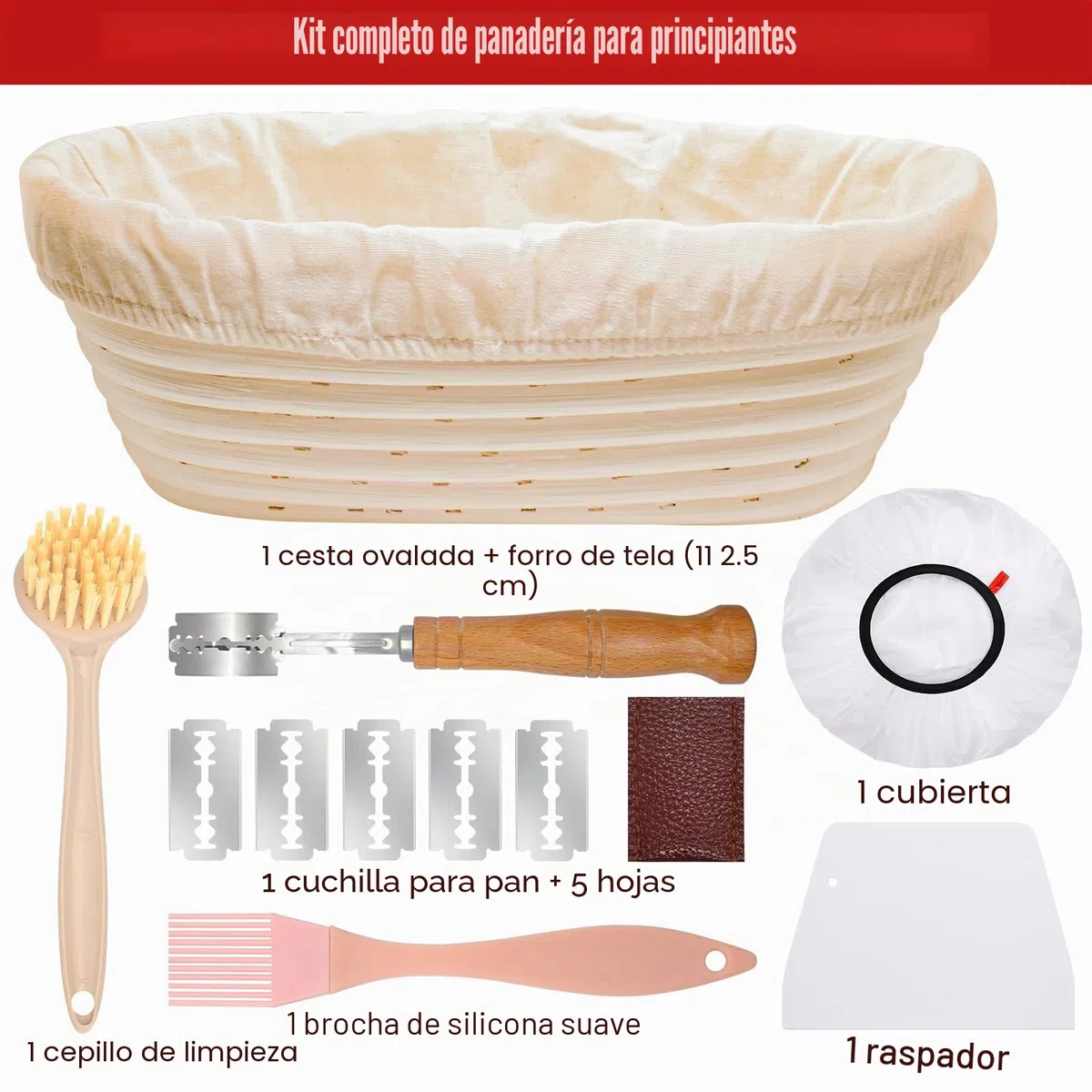 Banetones para Pan Ovalado 28cm para 700g Masa, Set Cesta Pan Hecho Mano Ratán con Lino, Tapas, Raspador, Cuchillo Lame, Cesta de Fermentación de Iniciación Perfecto