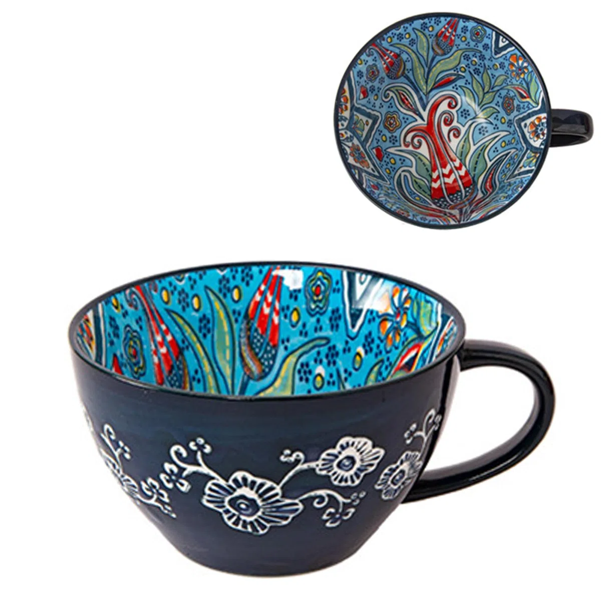 Taza de Sopa de Cerámica 400 ml con Asa, Cuenco de Sopa de Cerámica Pintado a Mano, Resistente al Horno y Microondas - Para Desayuno, Muesli, Postre, Leche, Frutas y Ensalada (GLD)