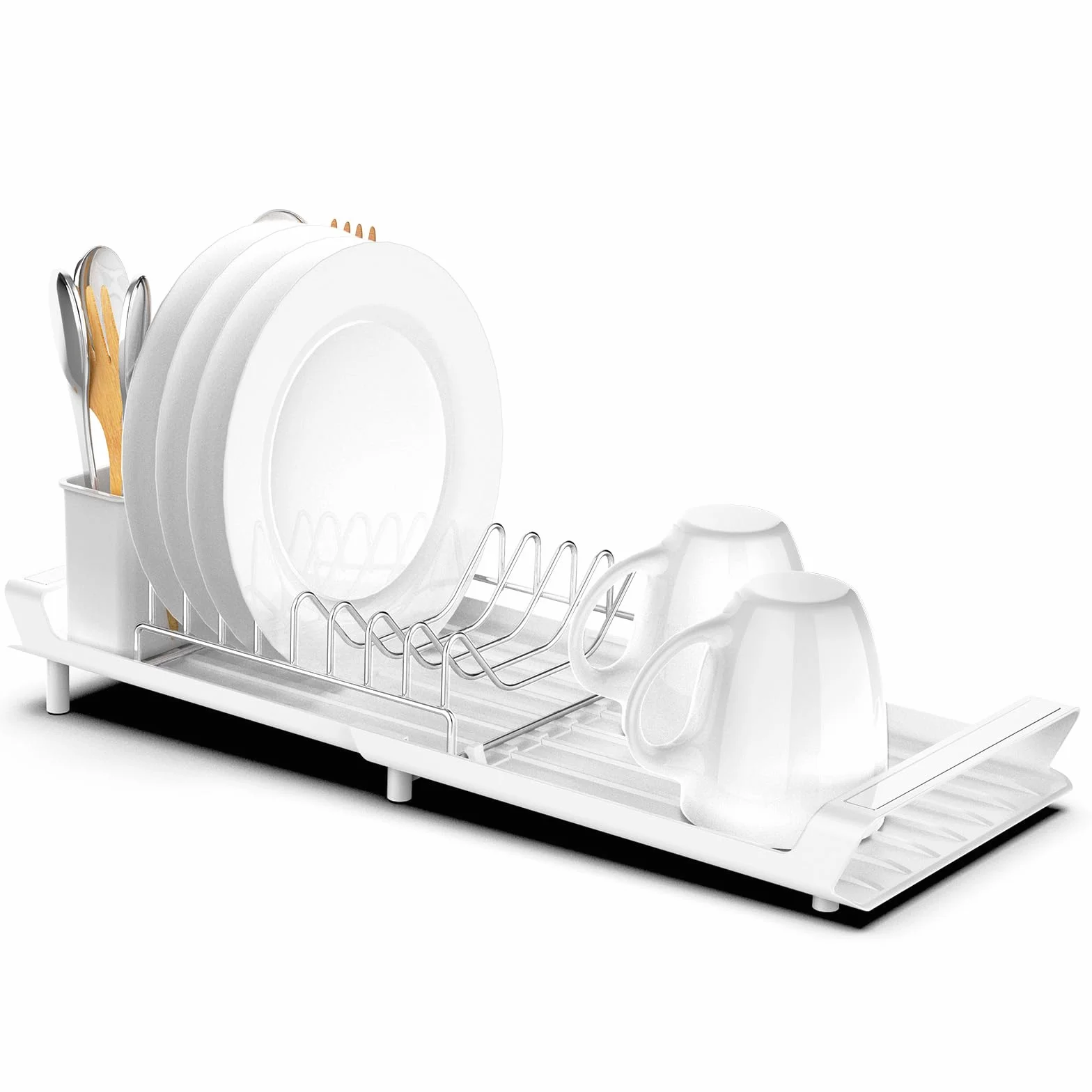Escurridor de Platos, Escurreplatos Blanco de Acero Inoxidable para Fregadero con Soporte para Cubiertos Extraible, Escurreplatos Plegable Extensible y Compacto - Blanco